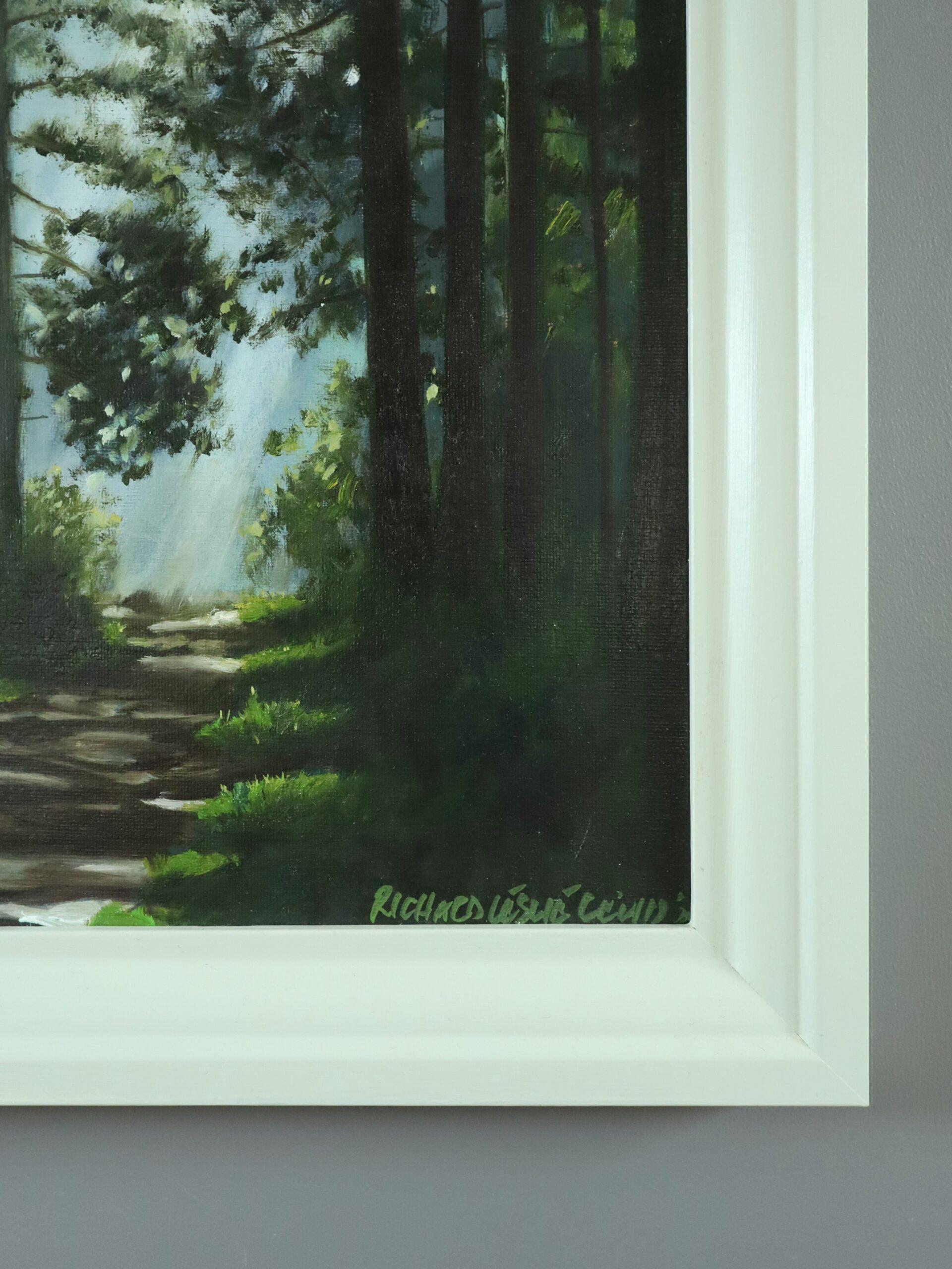 Contemporary Original Swedish Woodland Landscape Oil Painting - Light at the End For Sale 3