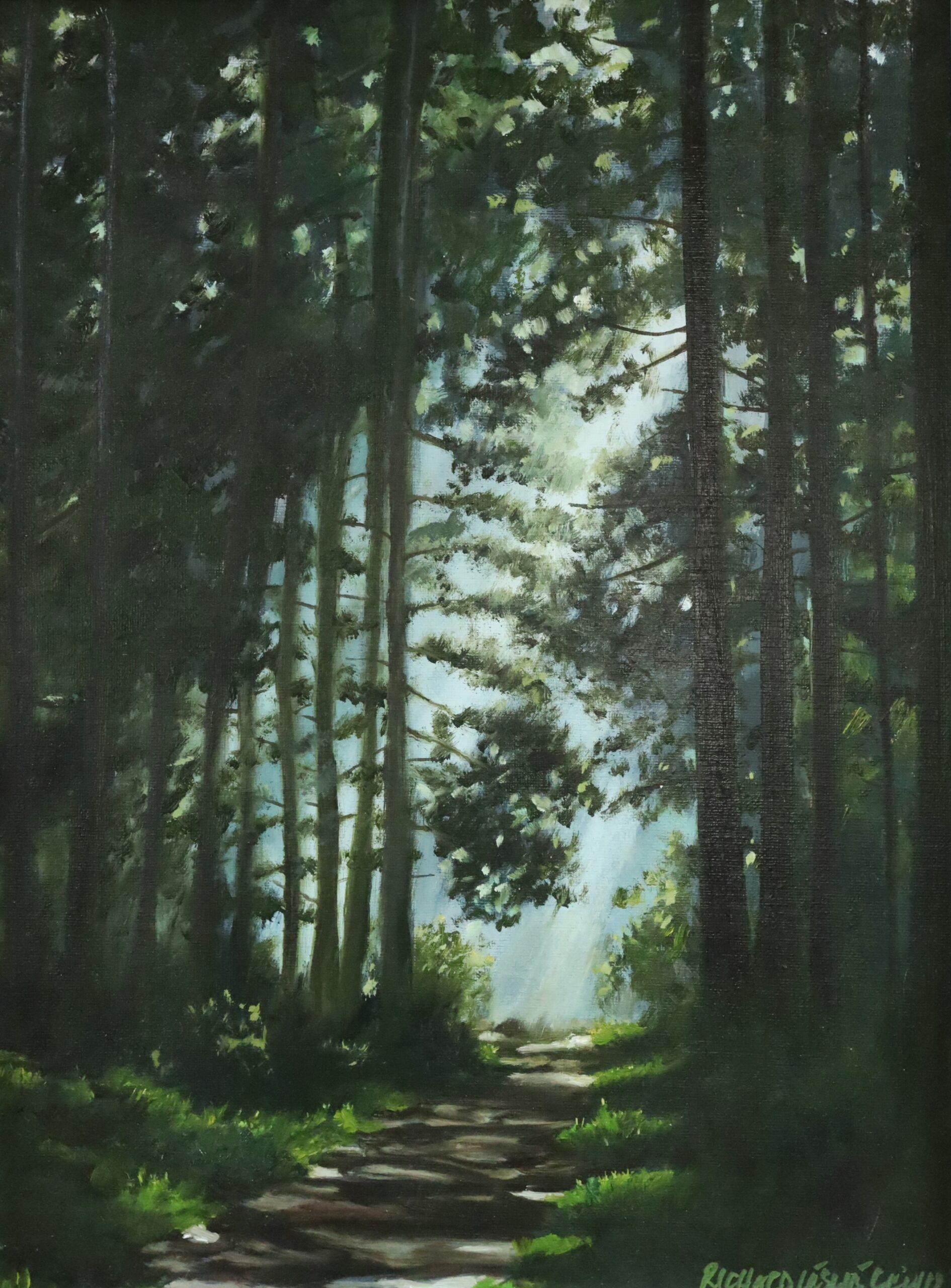 Contemporary Original Swedish Woodland Landscape Oil Painting - Light at the End For Sale 4