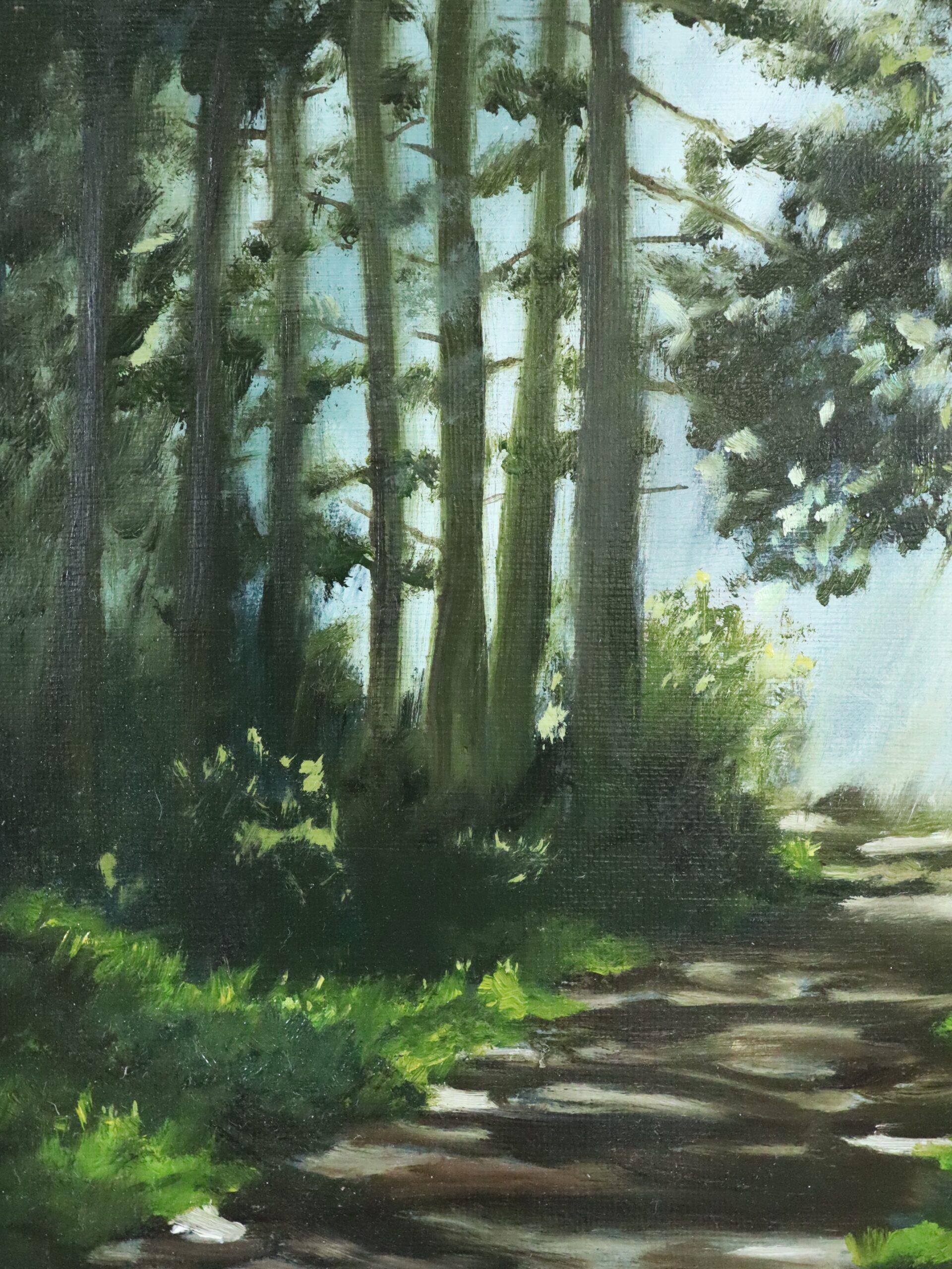 Contemporary Original Swedish Woodland Landscape Oil Painting - Light at the End For Sale 5