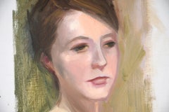 Retrato contemporáneo de mujer sobre fondo verde - Pintura al óleo original