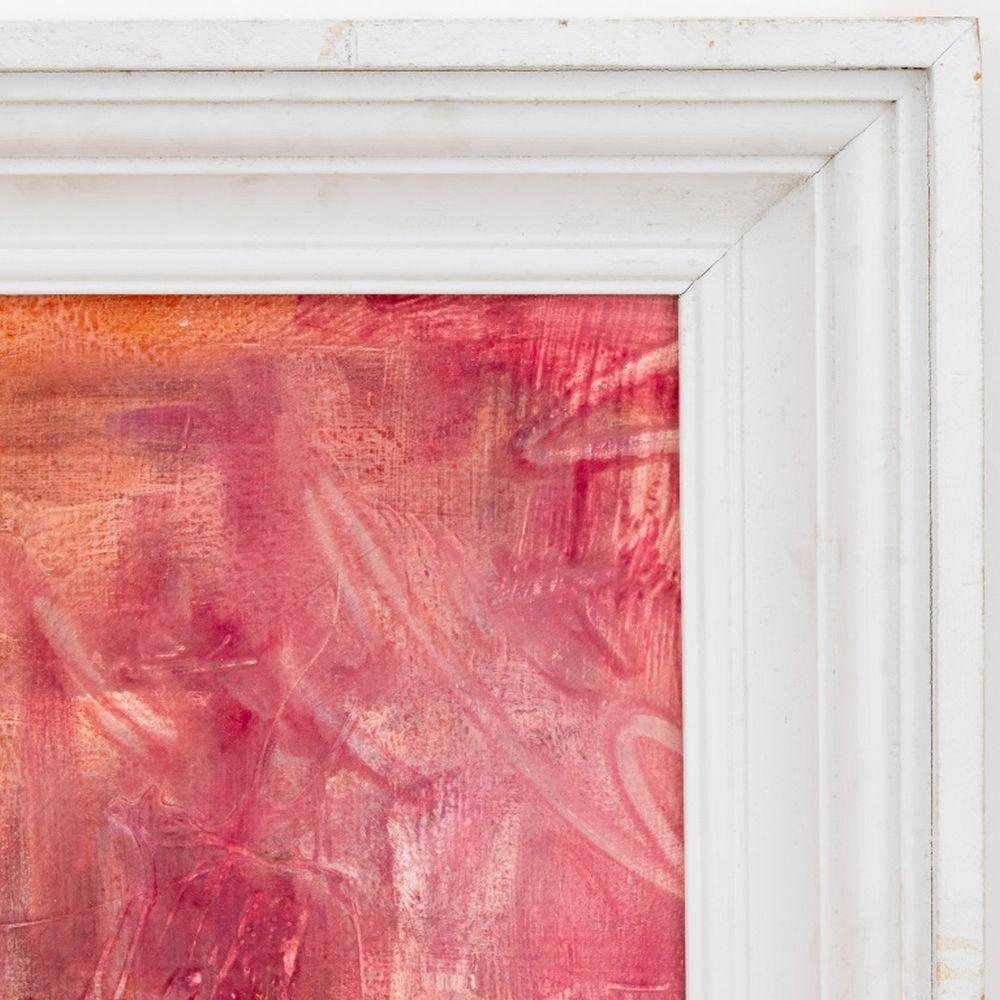 Zeitgenössische Schule, Abstrakte Komposition in Rosa und Orange, Öl auf Leinwand, unsigniert, weißer Rahmen. Bild: 51,5