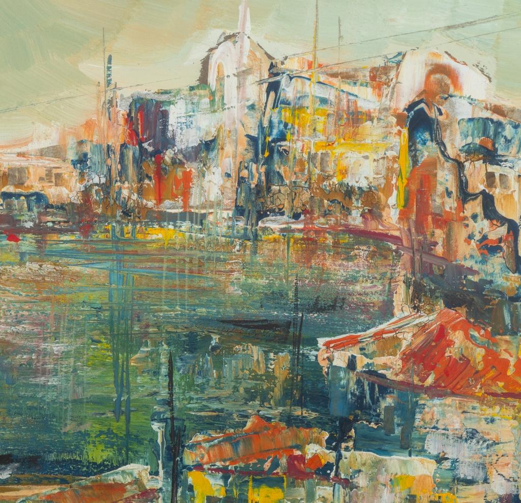 Contemporary School Abstract Harbor Scene Oil - Brown Landscape Painting by Unknown