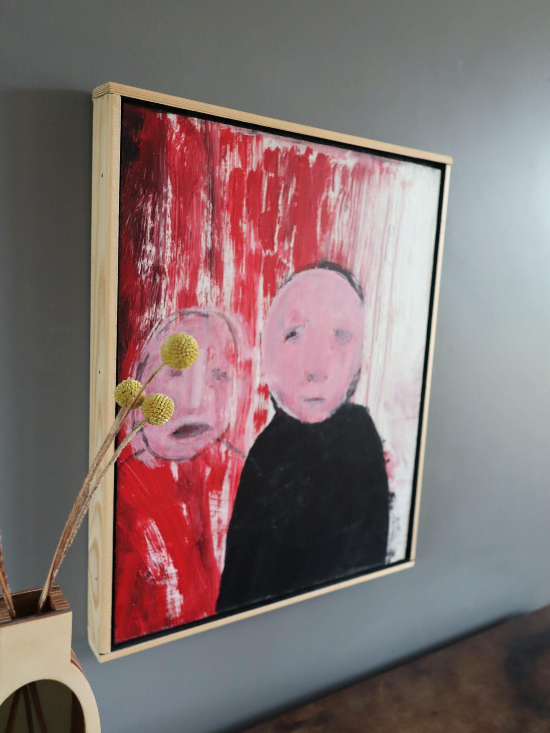 Le non-dit entre nous
41,5 x 33,5 cm (cadre compris)
Huile sur panneau

Une peinture figurative contemporaine énigmatique qui présente deux figures semi-abstraites, rendues par de larges coups de pinceau bruts, et exécutées à l'huile sur