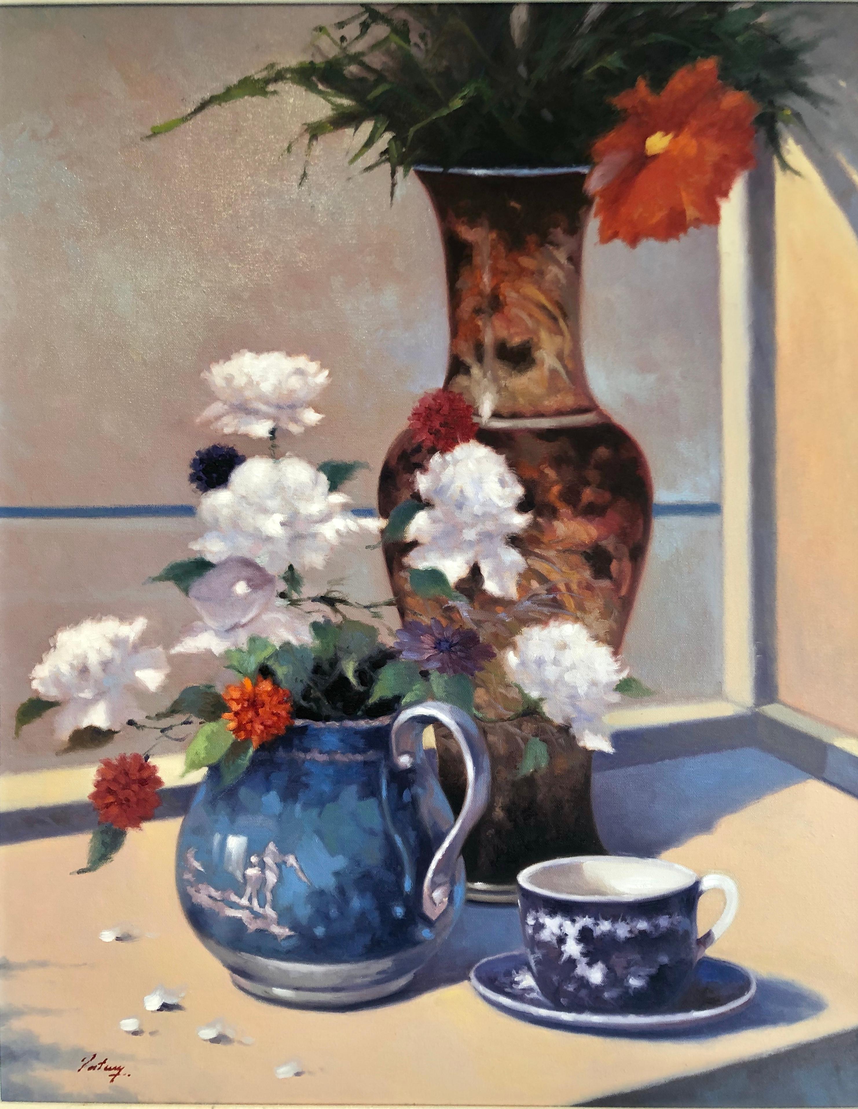 Still Life With Flower On The Table Signed  - Painting by Unknown