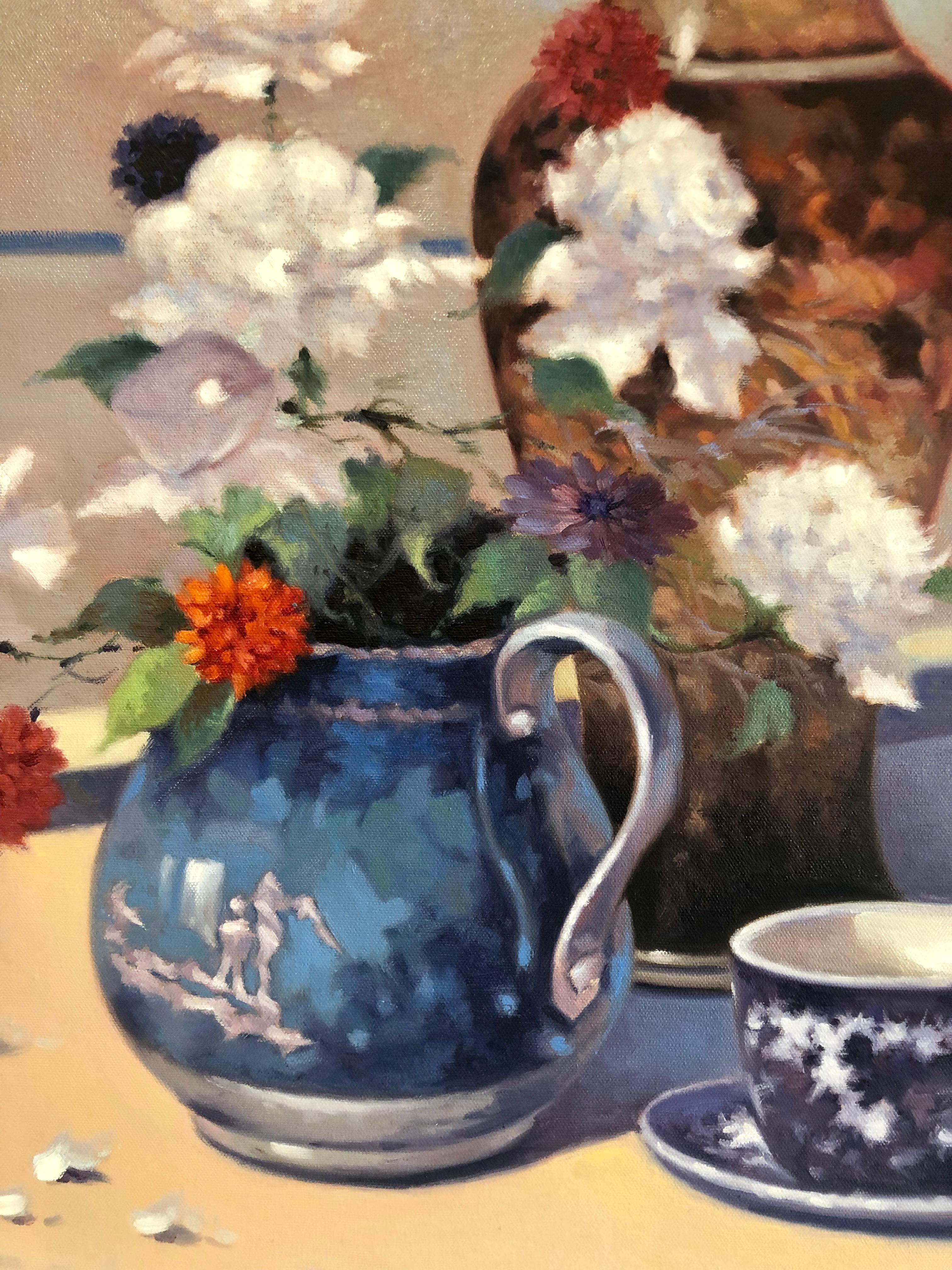 Still Life With Flower On The Table Signed  - Contemporary Painting by Unknown