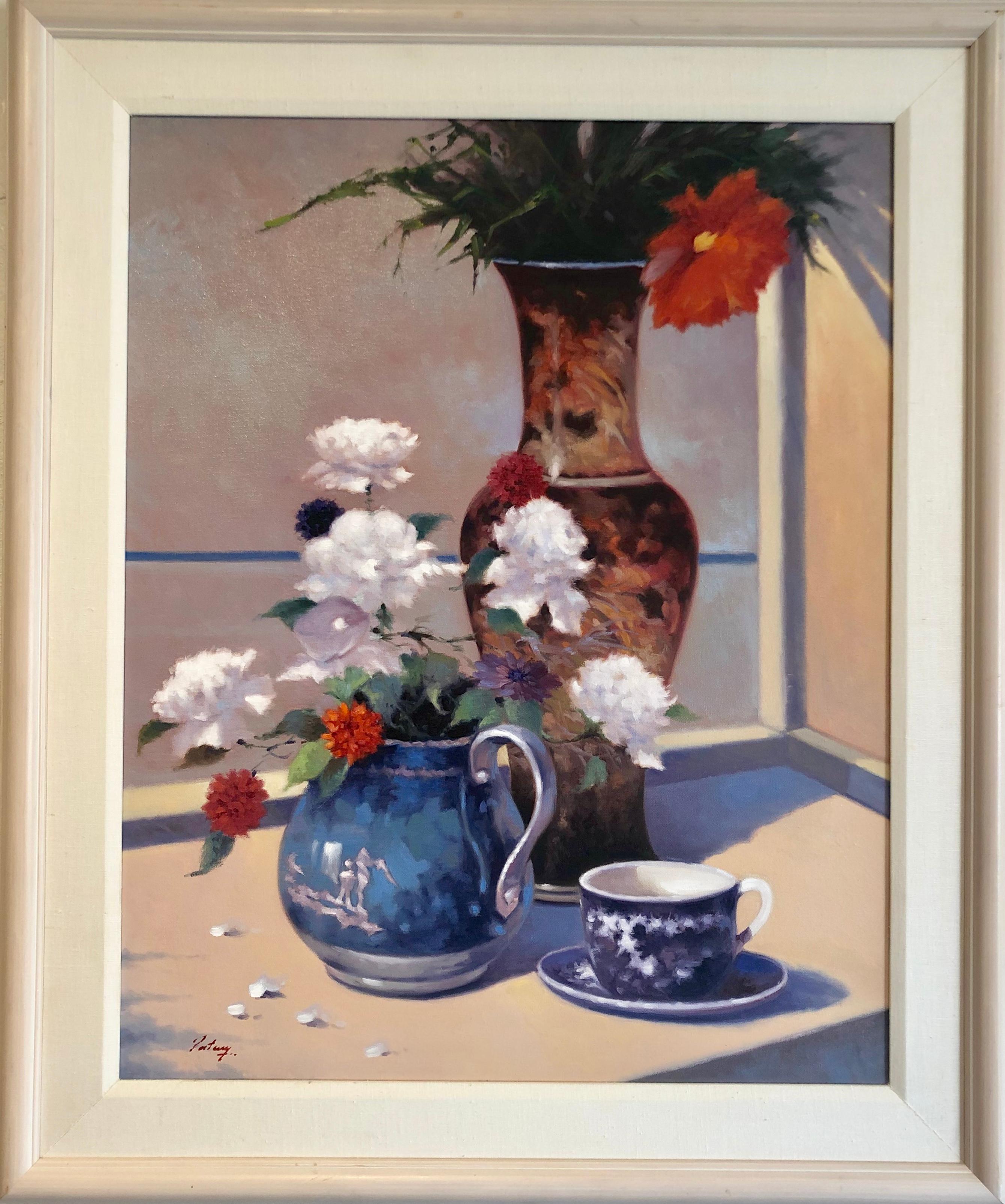 White Flowers In Blue Pitcher 
