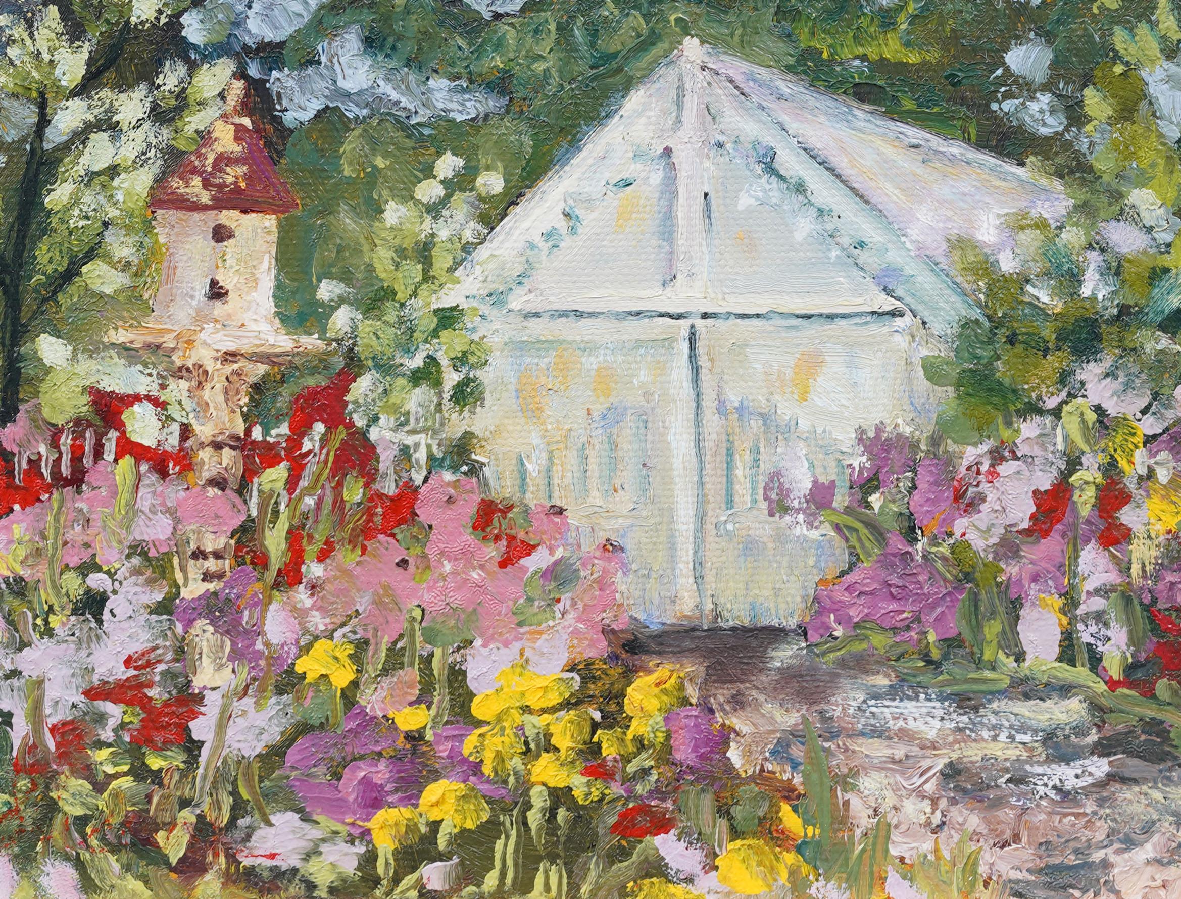 Vintage American Impressionist Blumengarten Landschaft Ölgemälde. Öl auf Karton. Gerahmt. Messen: 10 von 12 Zoll insgesamt, und 6 von 8 Malerei allein.  In ausgezeichnetem Originalzustand. Hübsch gerahmt in breiten Goldholzleisten.  Ausgezeichneter