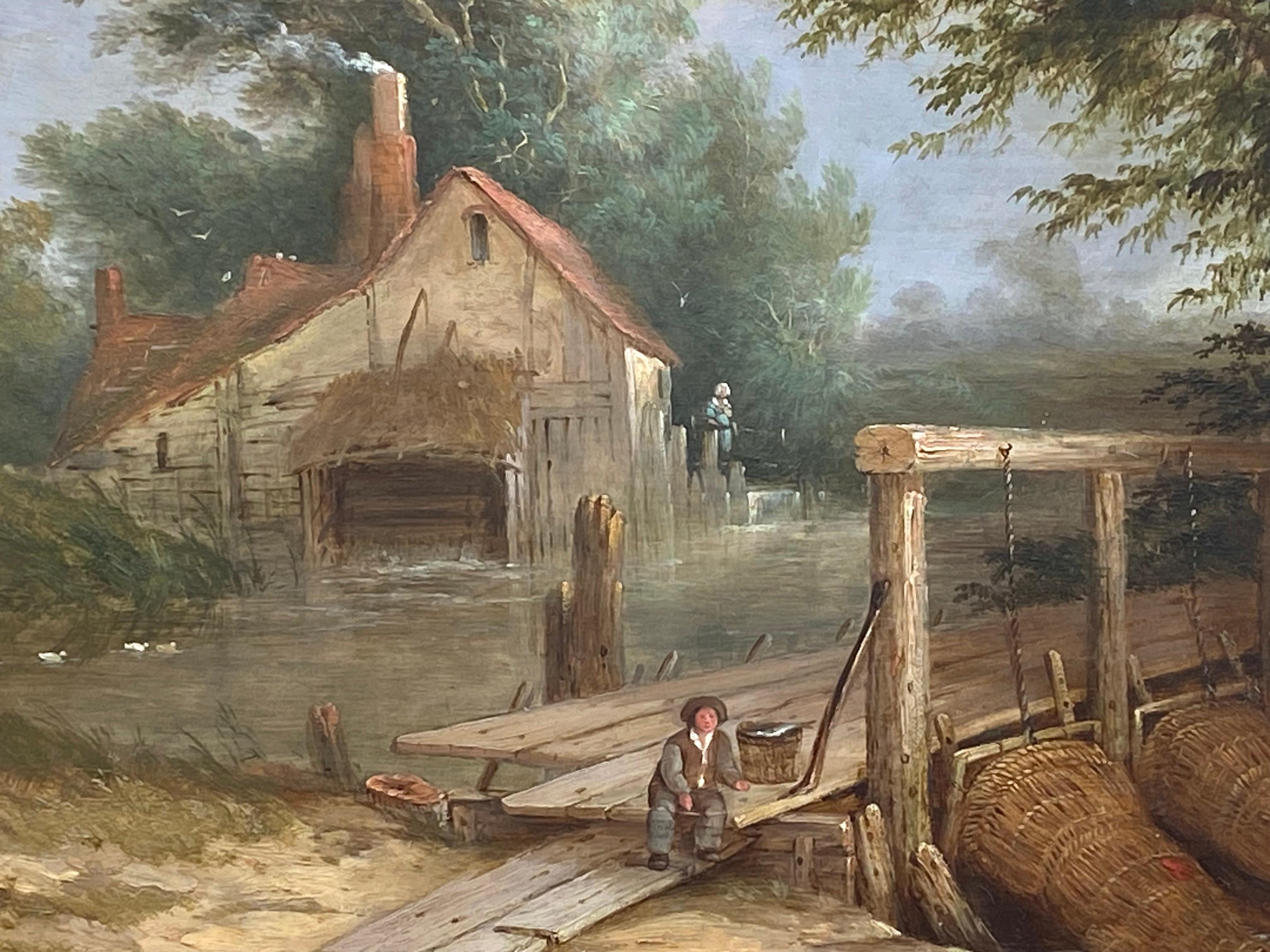 Olio originale su pannello di legno di quercia raffigurante un tradizionale paesaggio figurato di una tempesta in arrivo con figure che pescano in primo piano. Nessuna firma visibile.  Le condizioni sono eccellenti. Splendida cornice dorata d'epoca