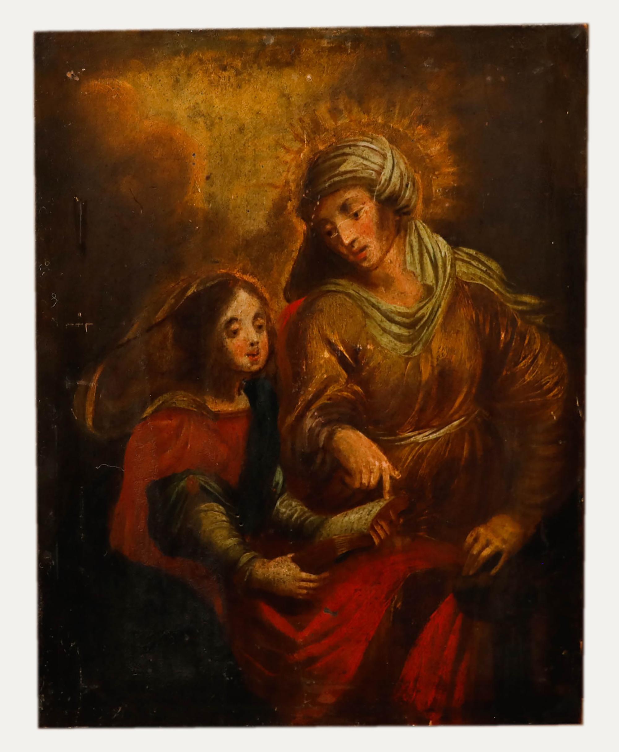 Óleo del siglo XVIII de la Continental School - Santa Ana enseñando a leer a María - Painting de Unknown