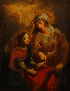Óleo del siglo XVIII de la Continental School - Santa Ana enseñando a leer a María