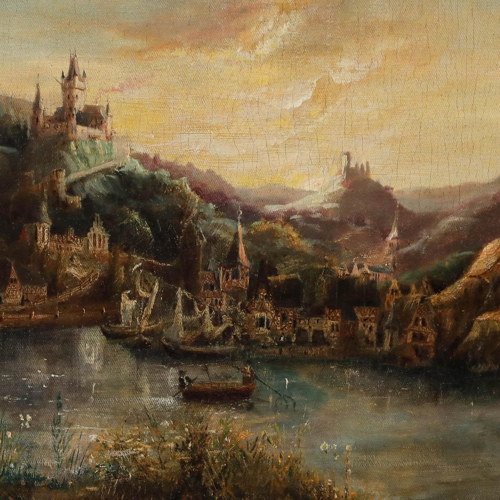 Continental School 19th Century Oil - View to the Castle - Brown Landscape Painting by Unknown