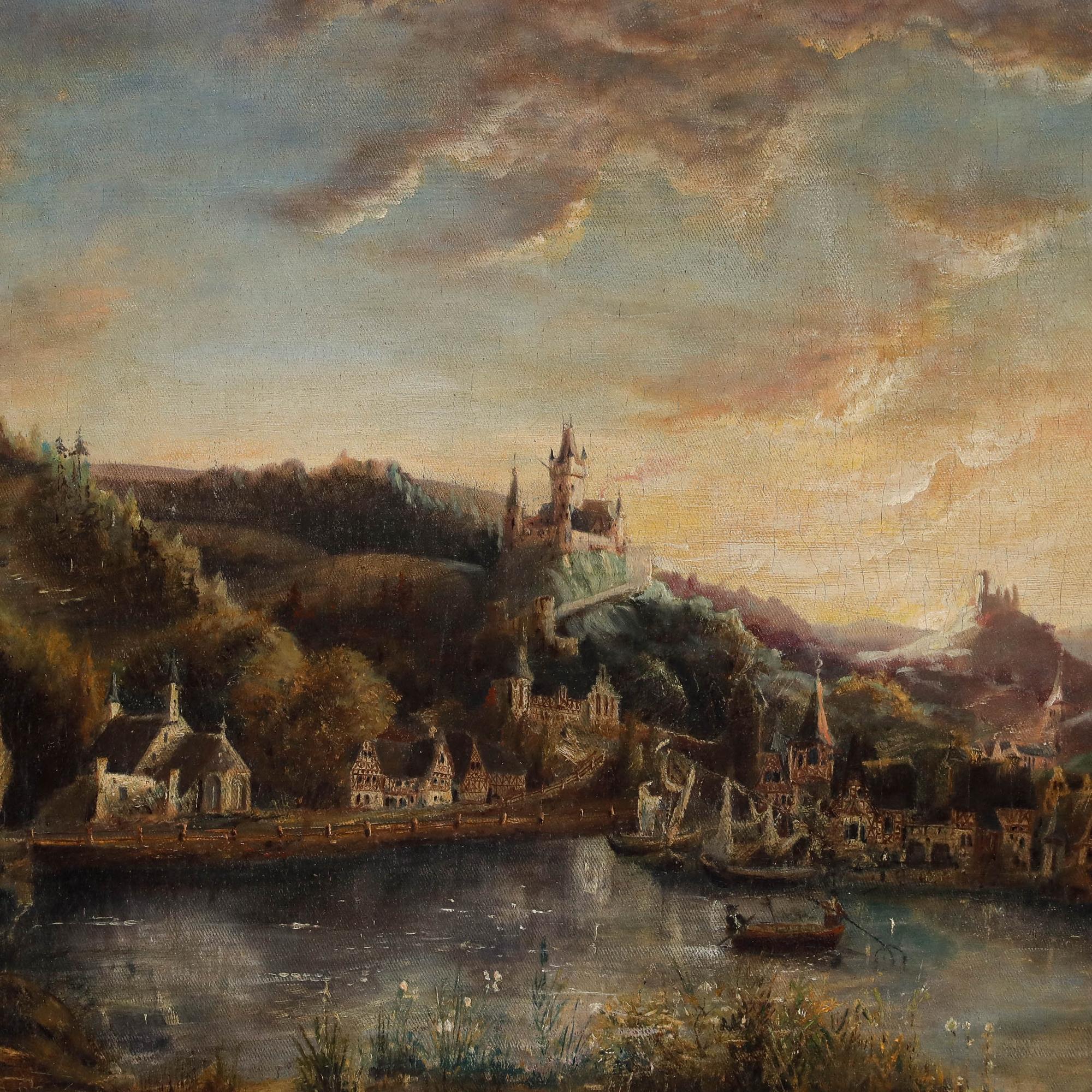 This atmospheric landscape painting captures a serene Continental town nestled among rolling hills, with half-timbered buildings and a grand castle perched on a central promontory. The artist renders a golden sunset sky, its warm light reflecting