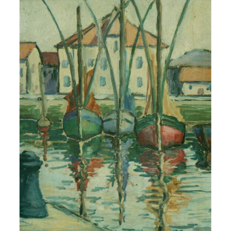Continental School 20th Century Oil - Boats at the Harbour - Painting by Unknown