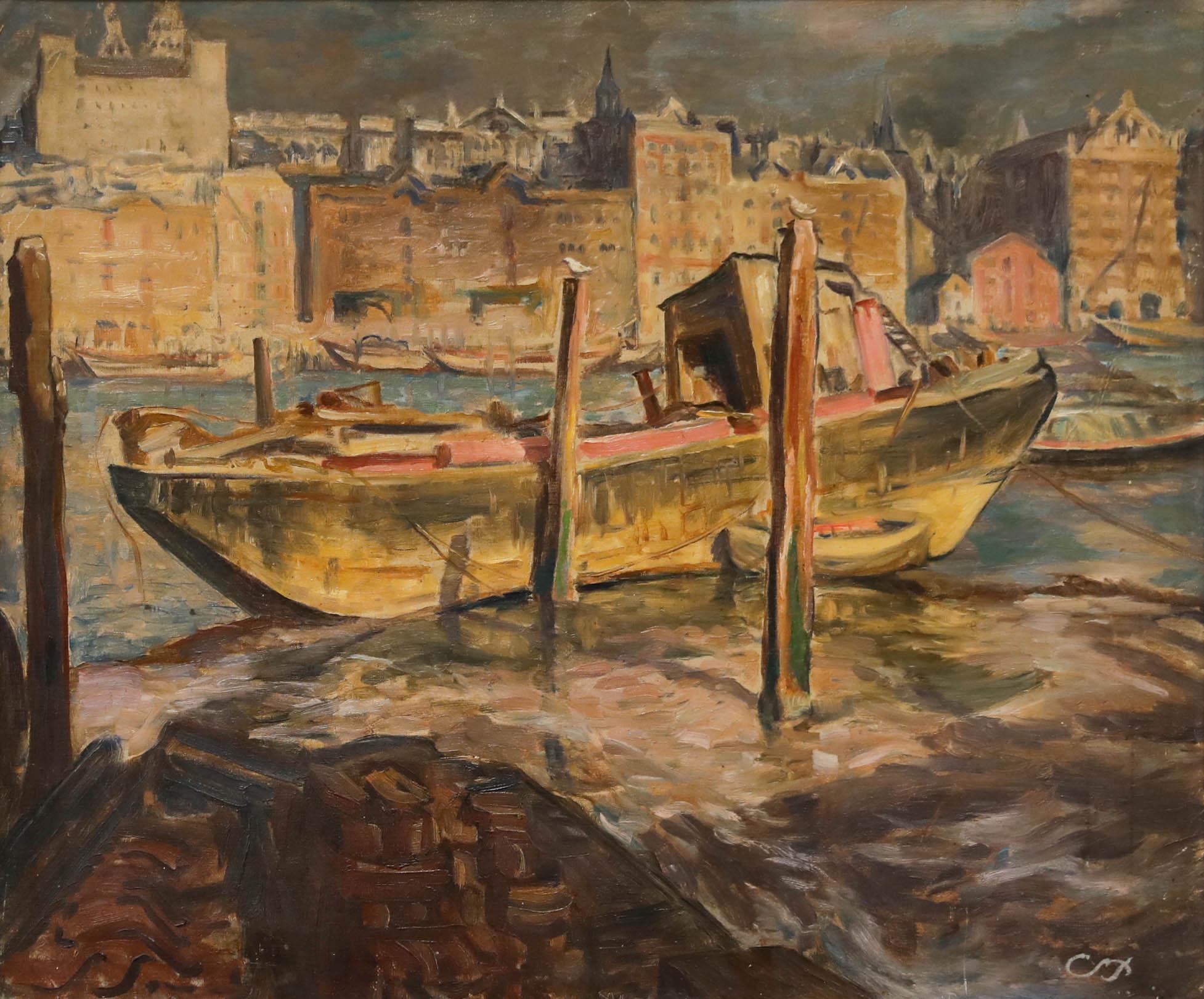 Continental School Petróleo del siglo XX - Amarre de la ciudad - Painting de Unknown