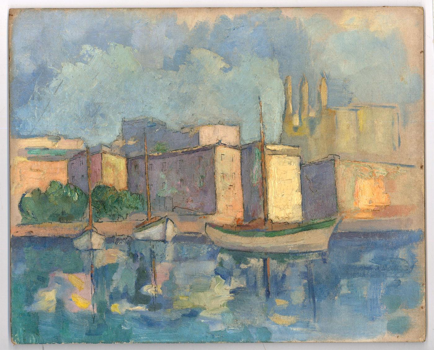 Continental School 20th Century Oil - City Mooring - Painting by Unknown
