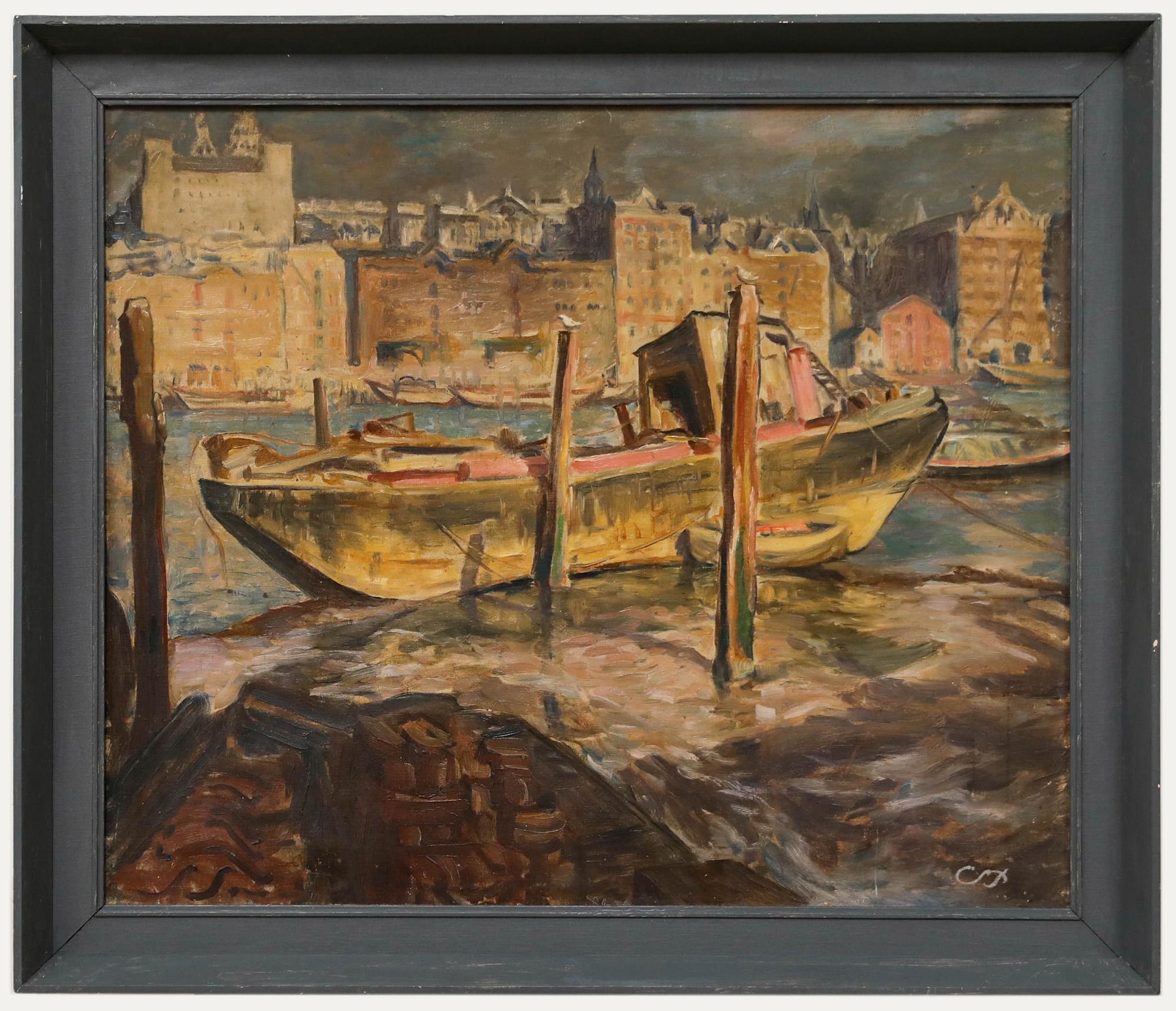 Landscape Painting de Unknown - Continental School Petróleo del siglo XX - Amarre de la ciudad