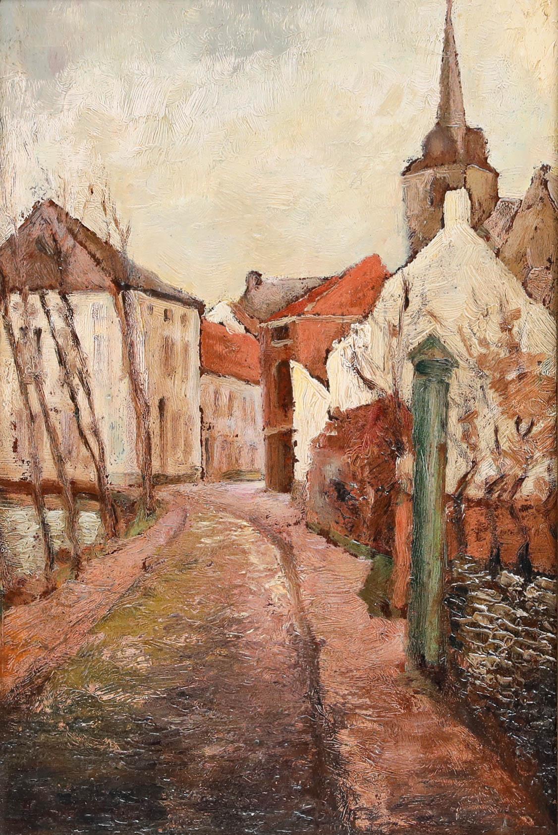 Huile de l'école continentale du début du 20e siècle - Une scène de rue d'hiver - Painting de Unknown