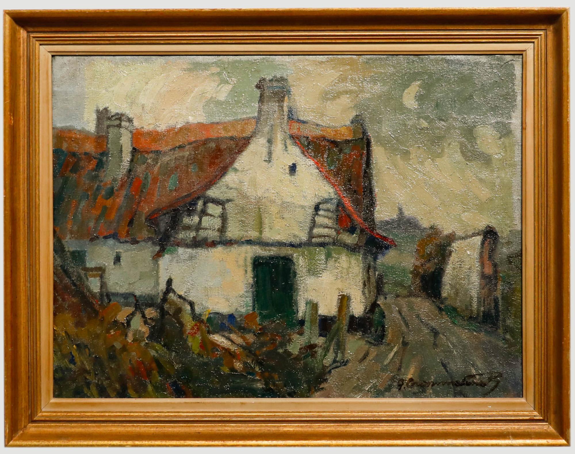 Landscape Painting di Unknown - Olio della Continental School dell'inizio del XX secolo - Bordo del villaggio