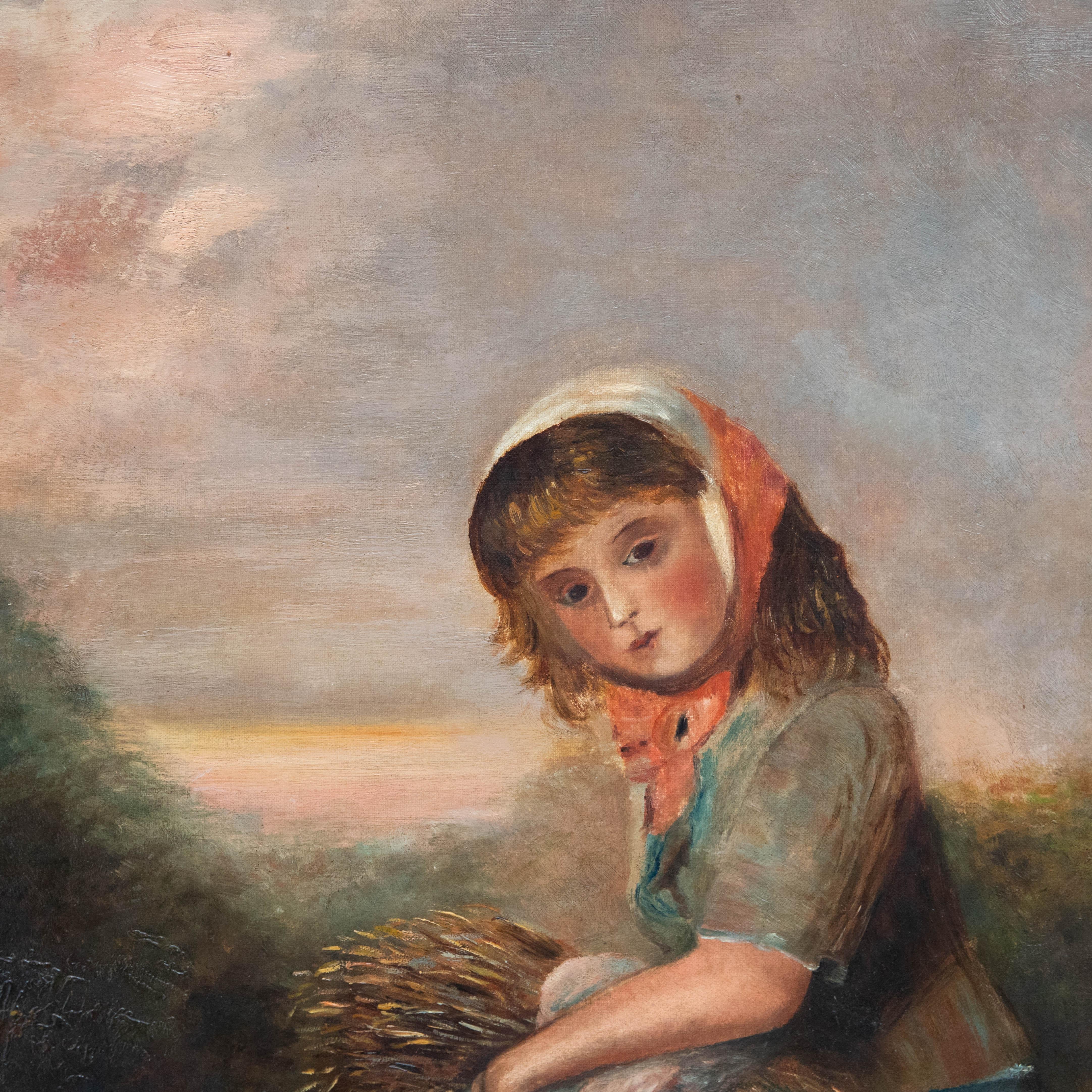Kontinentalschule  Ölgemälde des frühen 20. Jahrhunderts – Mädchen mit Weizengarbe im Angebot 1