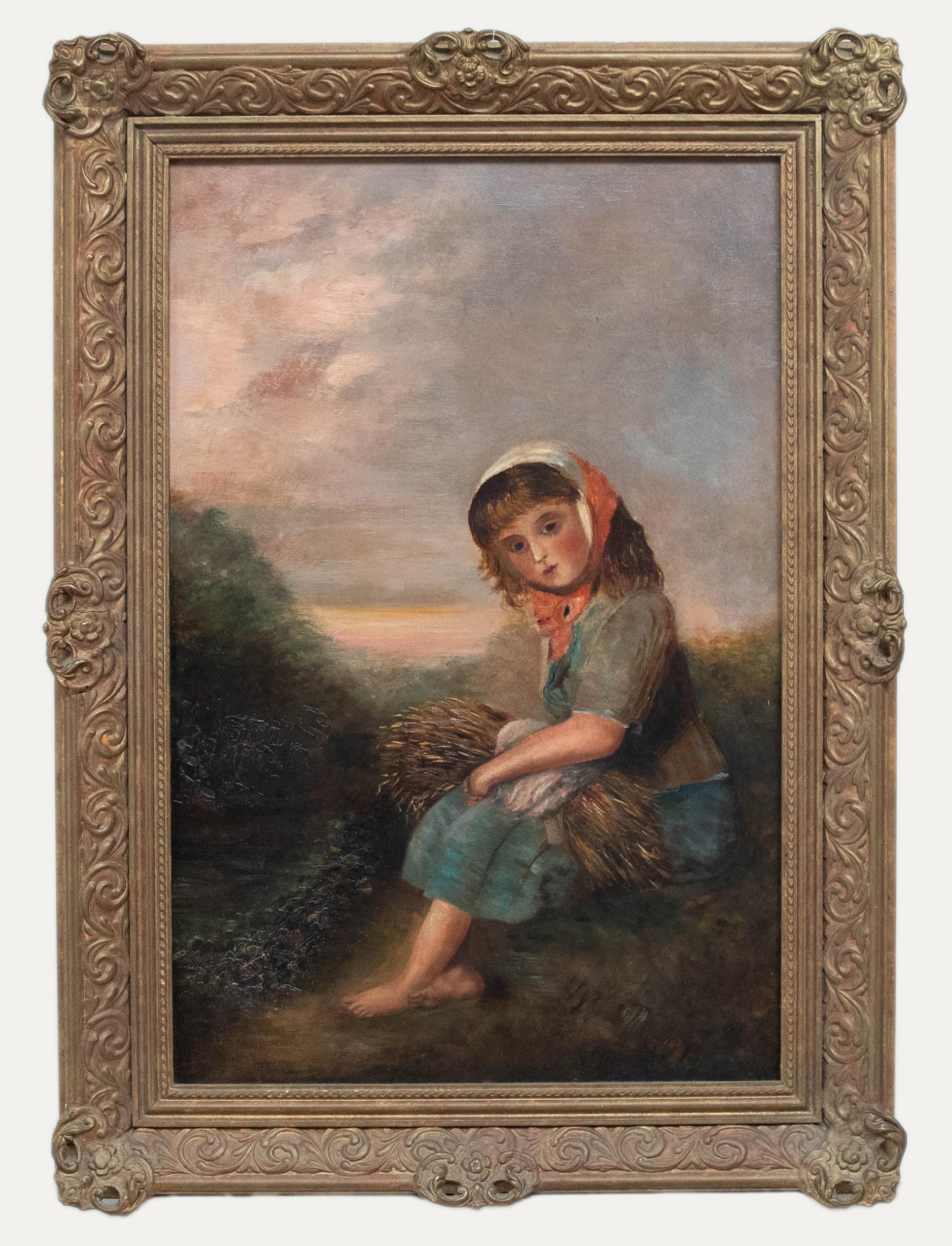 Unknown Portrait Painting – Kontinentalschule  Ölgemälde des frühen 20. Jahrhunderts – Mädchen mit Weizengarbe