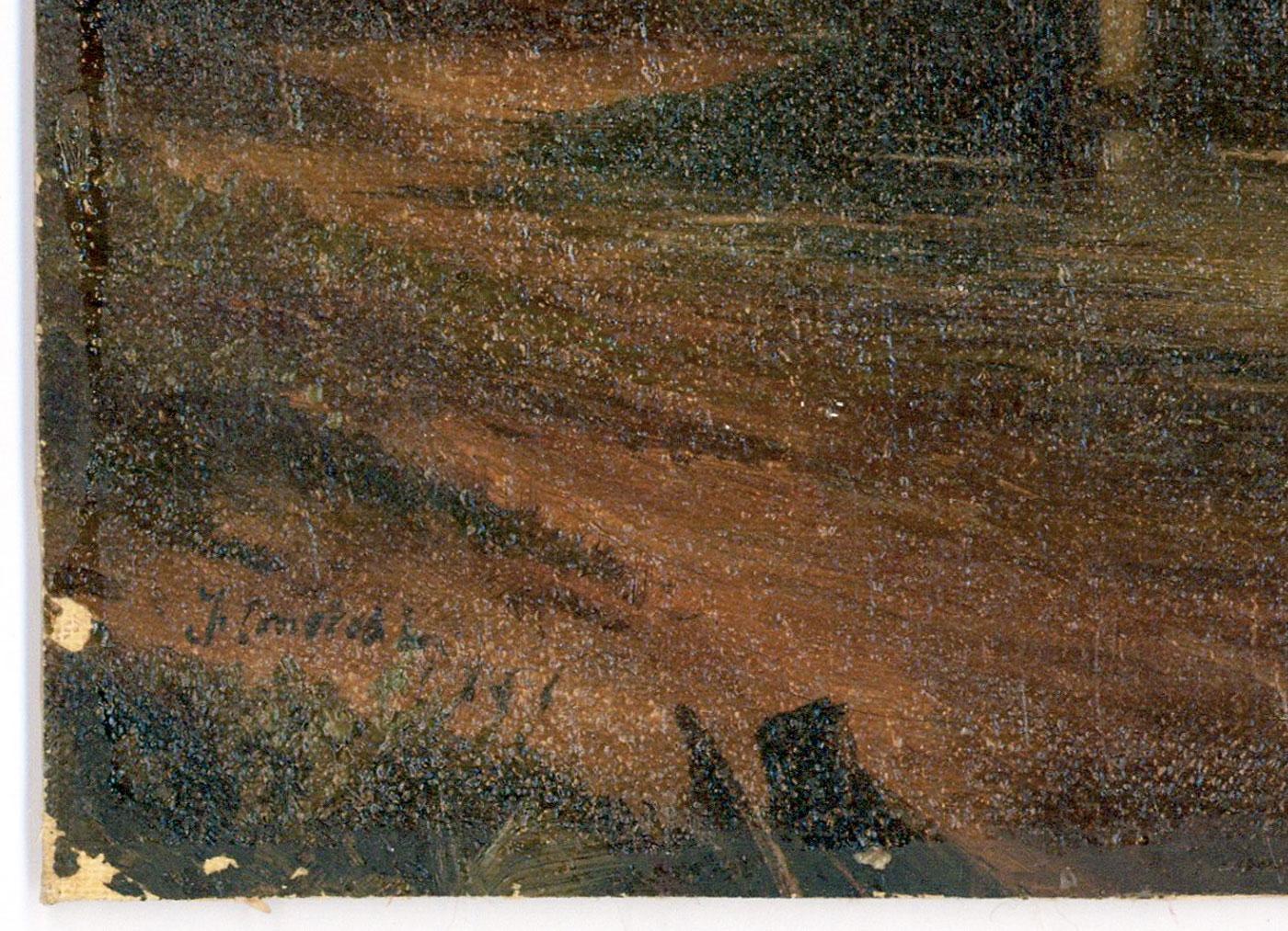 A charming country scene depicting figures with a horse and cart trying to cross a stream after heavy rain. Illegibly signed and dated to the lower right. On canvas laid to board .