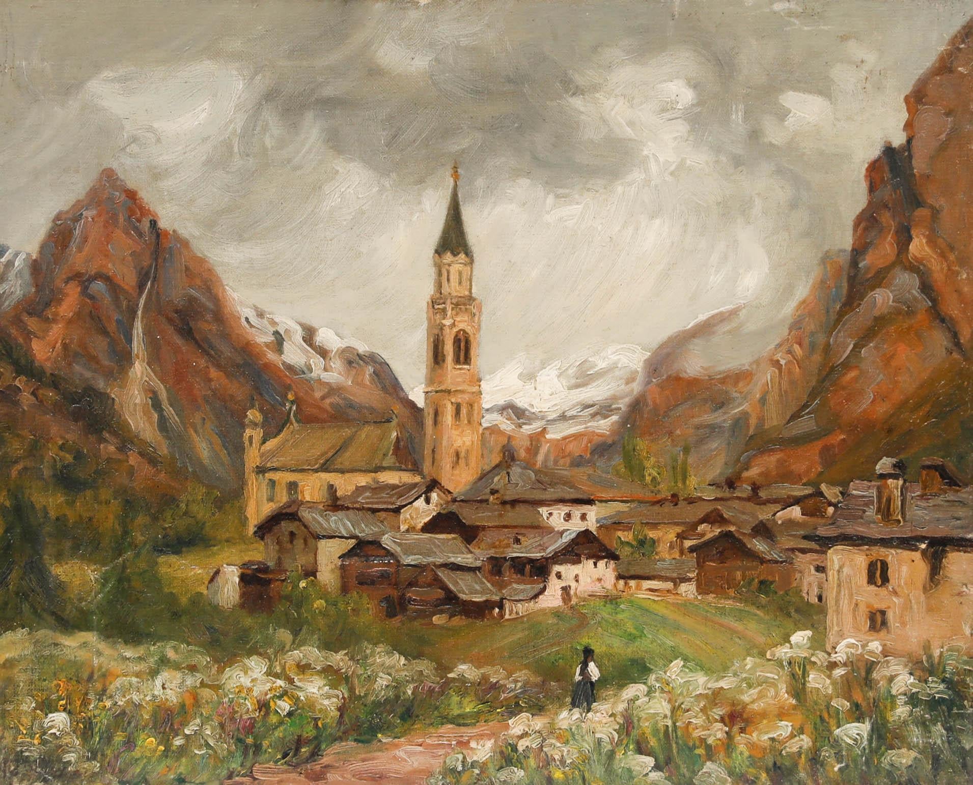 Kontinentale Schule Ende des 19. Jahrhunderts Öl - Church's in den Alpen (Braun), Landscape Painting, von Unknown