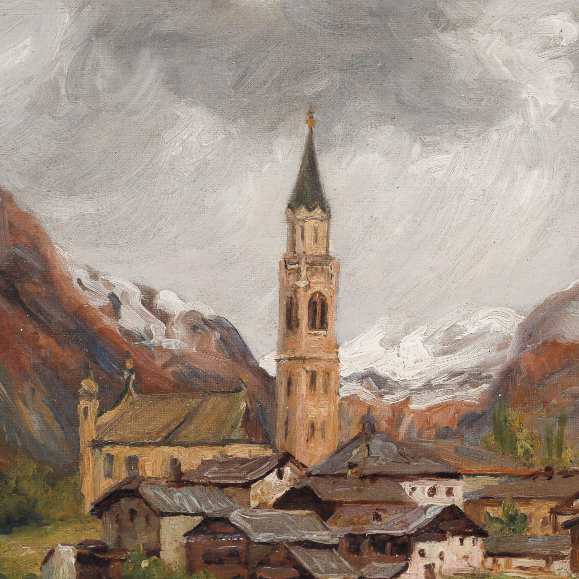 Diese malerische Öllandschaft zeigt ein malerisches Alpendorf inmitten rostfarbener Berge mit einem markanten Kirchturm, der sich über eine Gruppe von Dächern erhebt. Die gedämpften Erdtöne und die lockere Pinselführung des Künstlers schaffen eine
