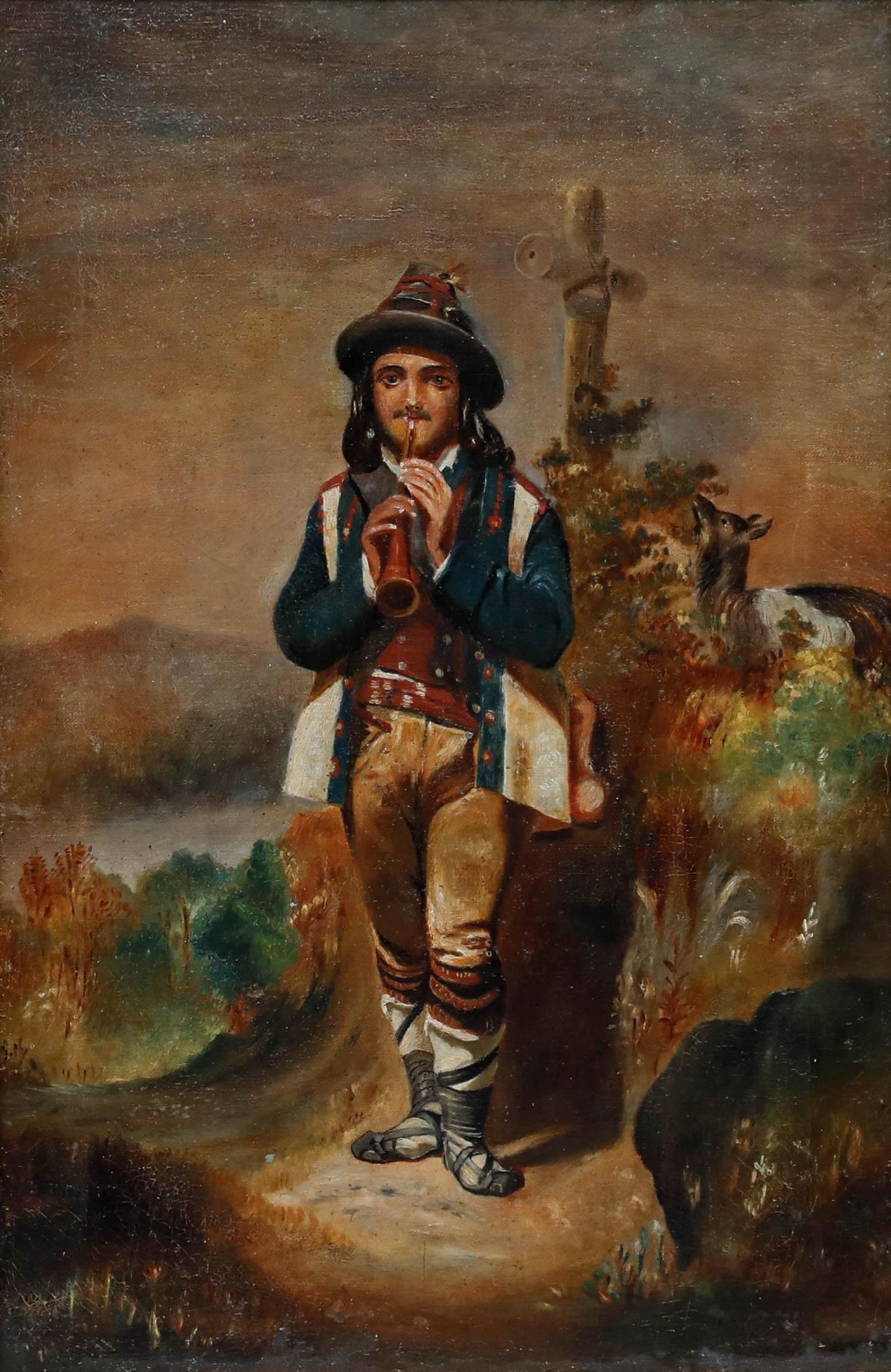Olio della Continental School della fine del XIX secolo - Pastore che suona il flauto - Painting di Unknown