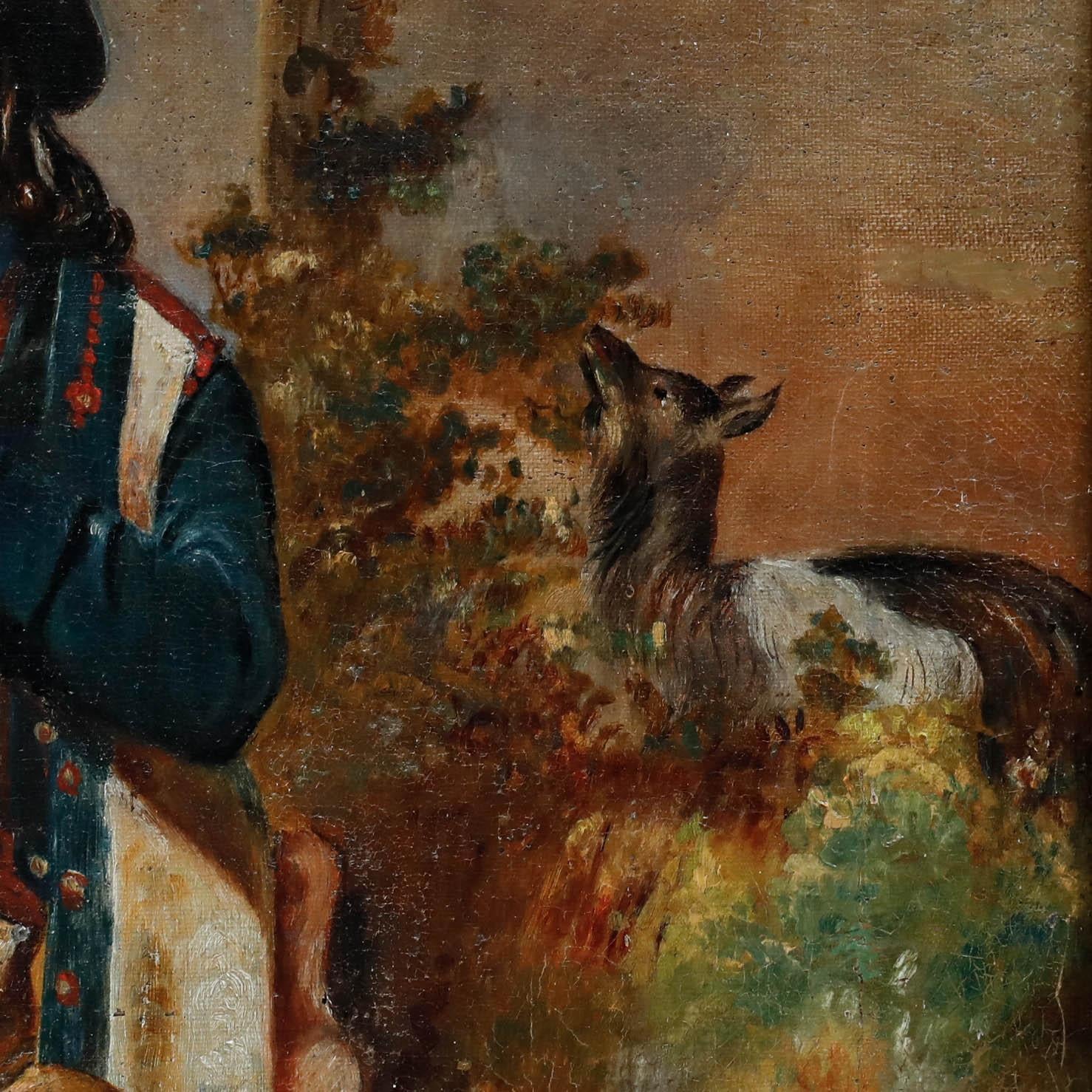 Un affascinante ritratto a olio della fine del XIX secolo che raffigura un pastore in abiti tradizionali tirolesi che suona il flauto in un paesaggio di montagna. Sullo sfondo, l'artista immortala una capra che sgranocchia la vegetazione