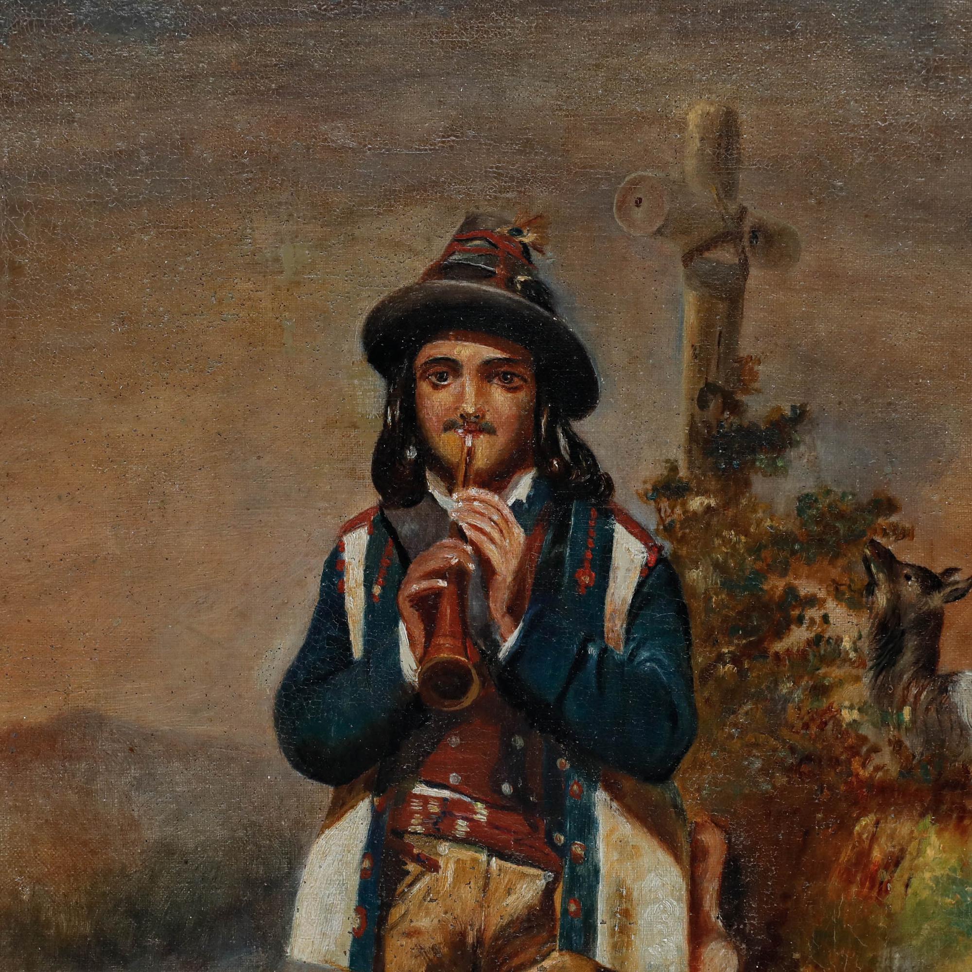 Olio della Continental School della fine del XIX secolo - Pastore che suona il flauto in vendita 1