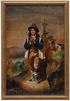 Olio della Continental School della fine del XIX secolo - Pastore che suona il flauto