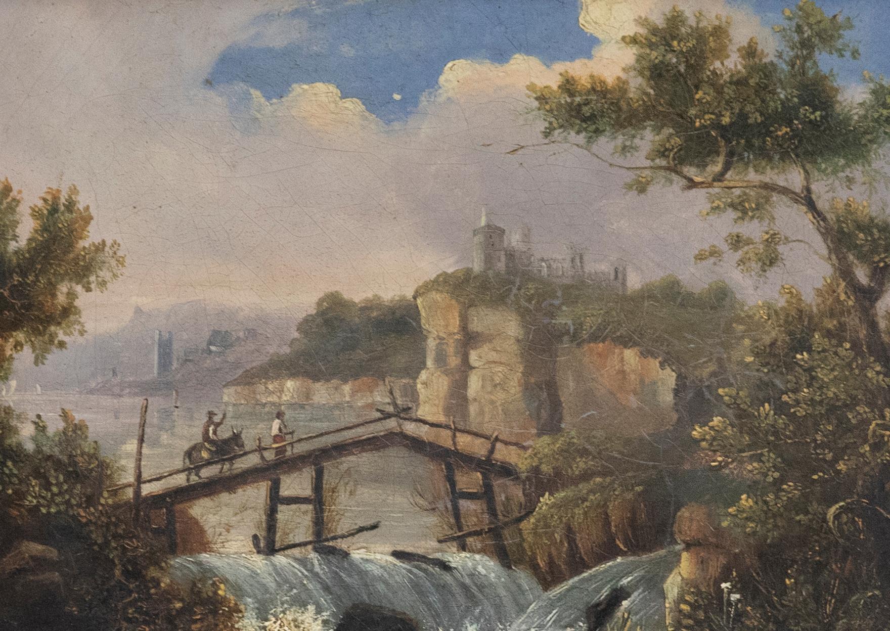 Continental School Mid 19th Century Oil - The Town Across the Bridge - Painting by Unknown