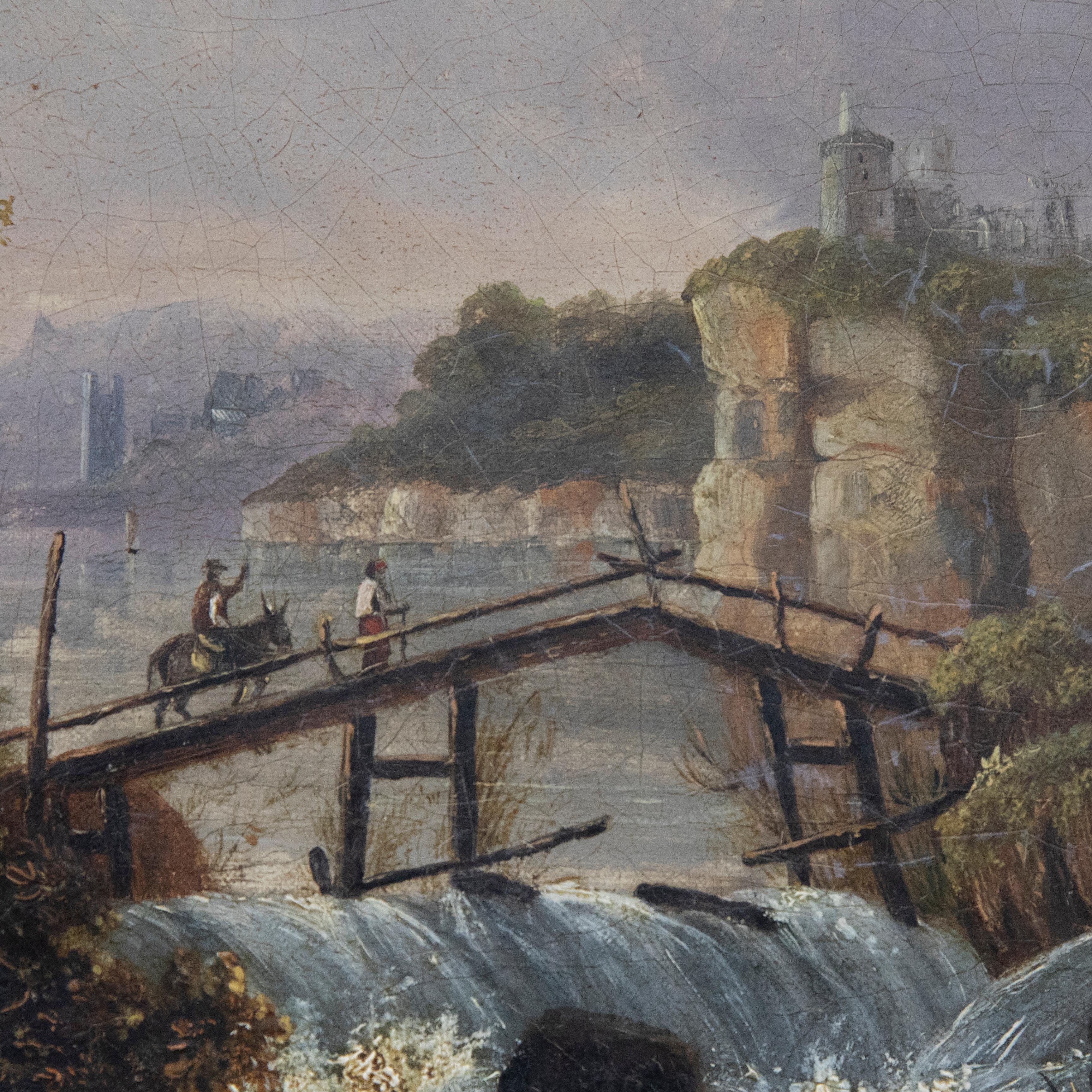 A charming continental oil scene depicting two men and a donkey crossing a wooden bridge to a coastal town up on the cliffs. The scene is finely painted capturing smaller, intricate details such as rushing waterfalls, the spires of distant churches