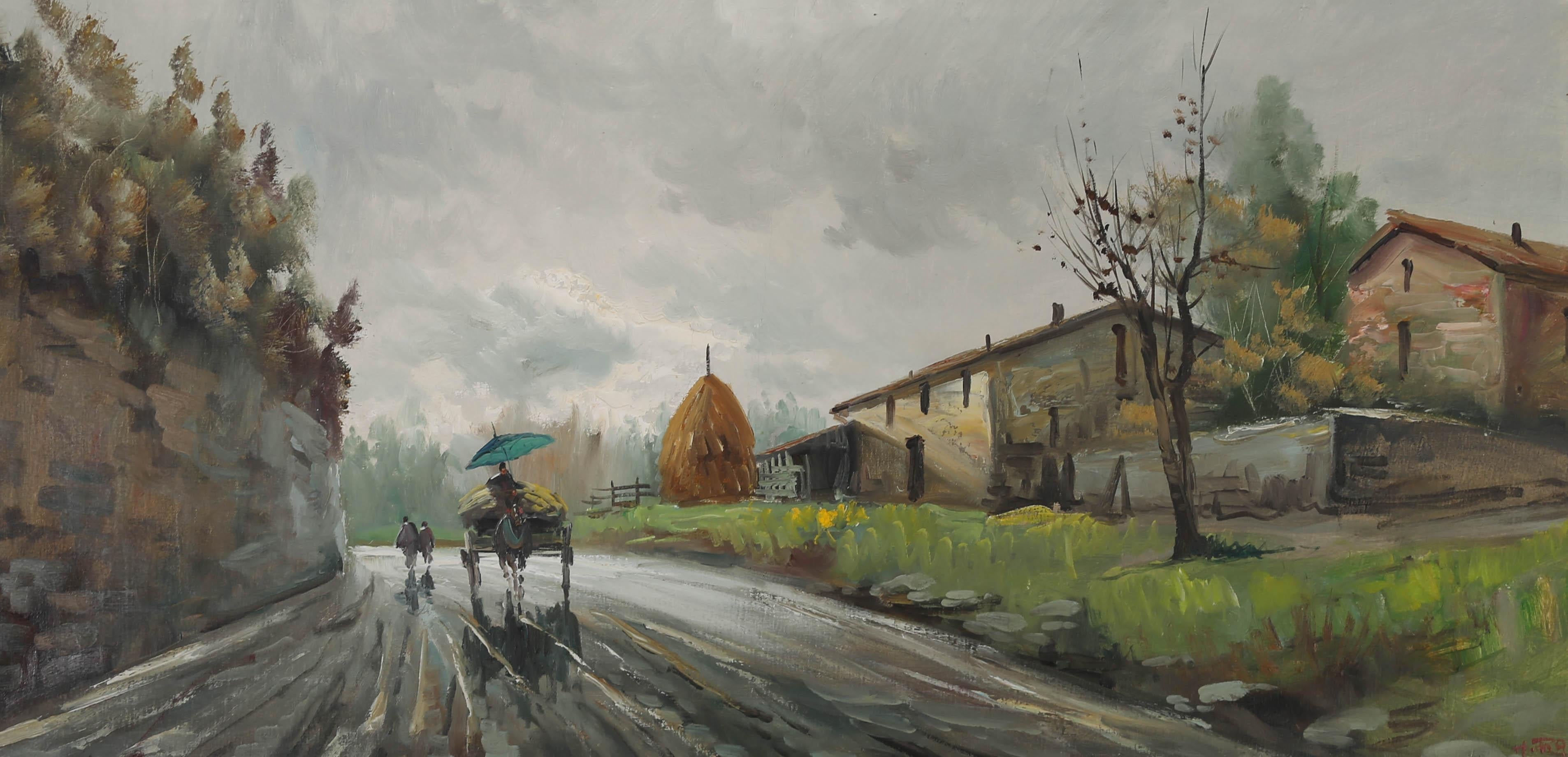 Continental School Mid 20th Century Oil - A Rainy Day - Painting by Unknown