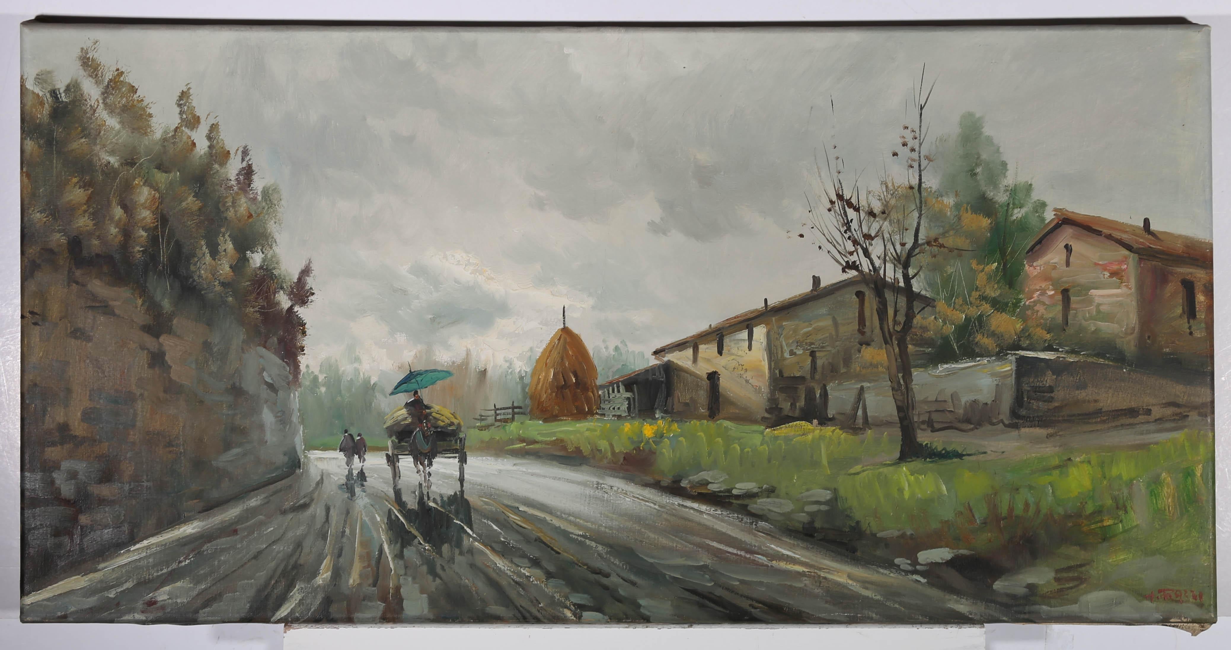 painting of rainy day in village