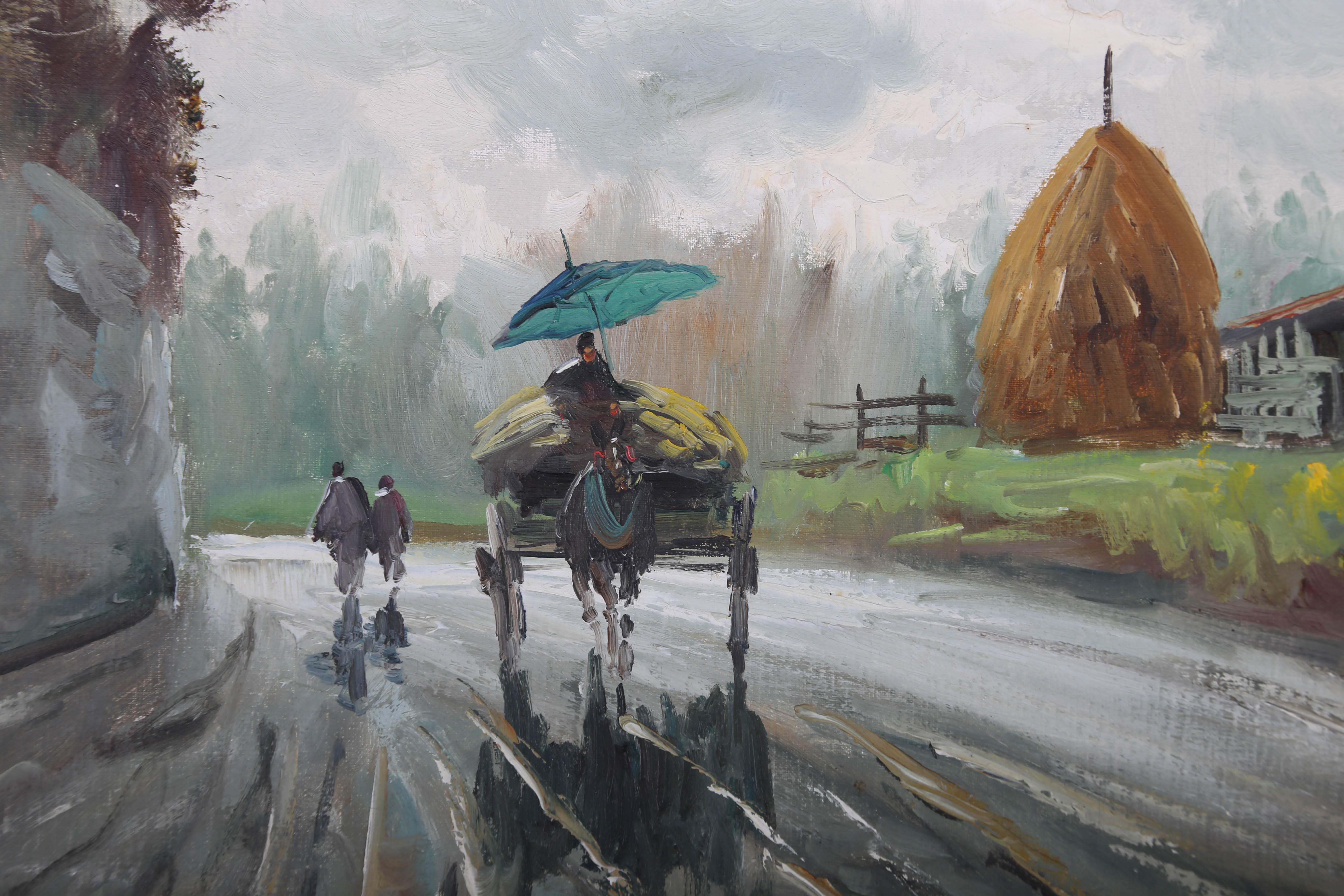 This charming continental scene depicts people travelling down a country road on a rainy day. The artist captures the light reflecting from the wet road surface with an expert hand in a post-impressionist style. His expressive, gestural brushwork