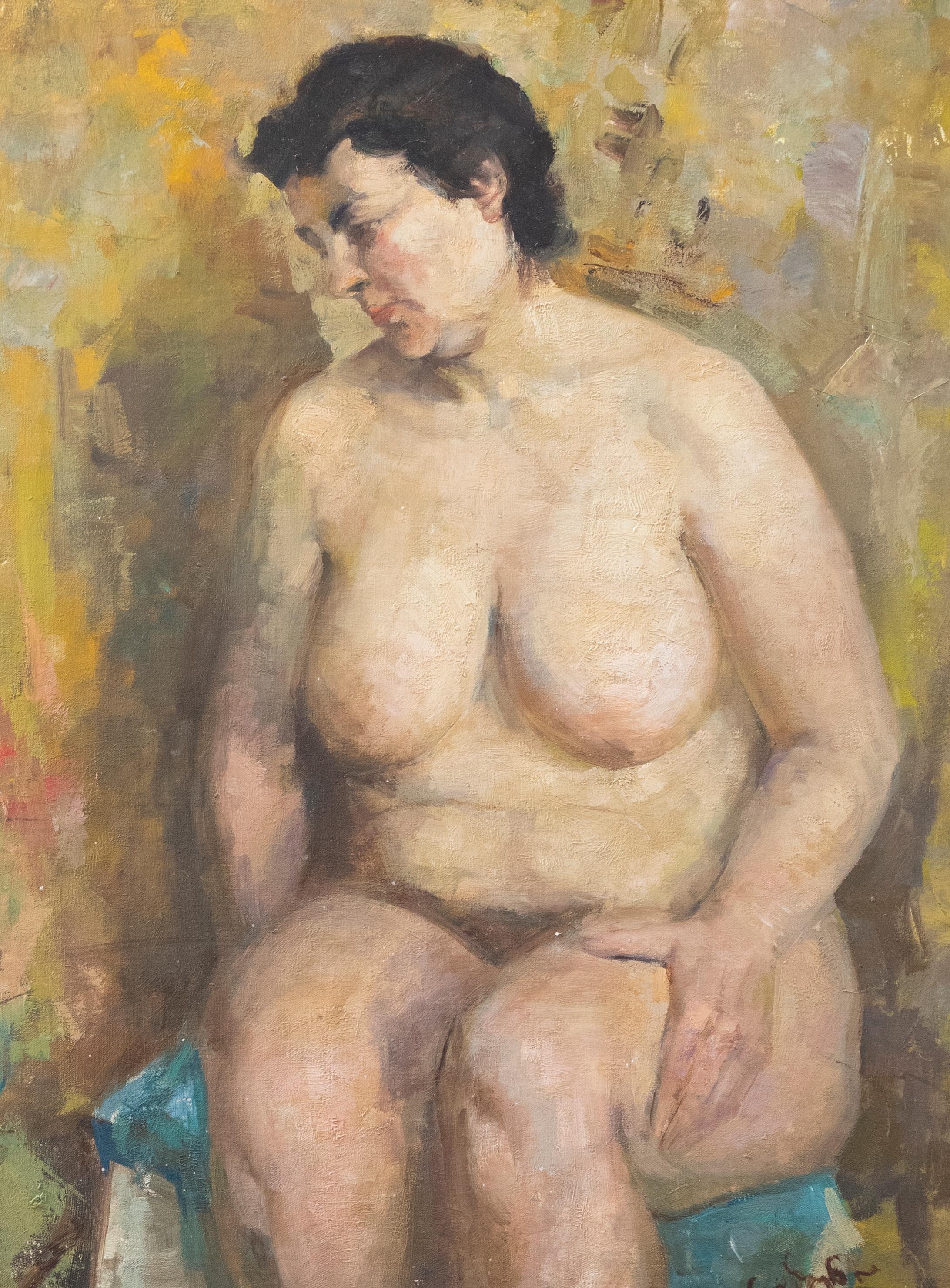 A wonderful nude study of a seated female figure. Completed with expressive brushwork and a warm, neutral colour palette. Signed illegibly to the lower right corner. On canvas on stretchers. 
