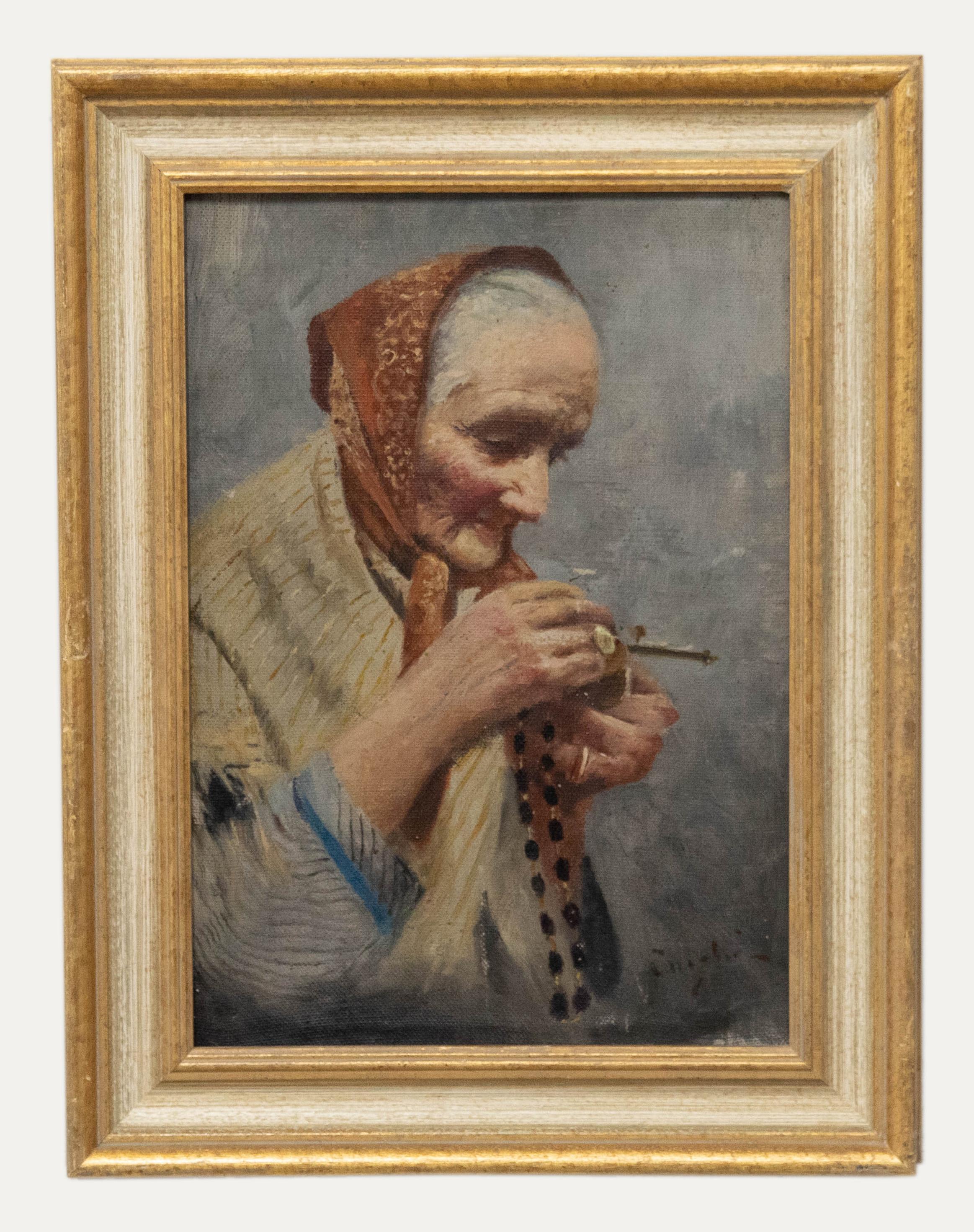 Unknown Portrait Painting - Continental School Mid 20th Century Oil - Woman Holding Her Rosary