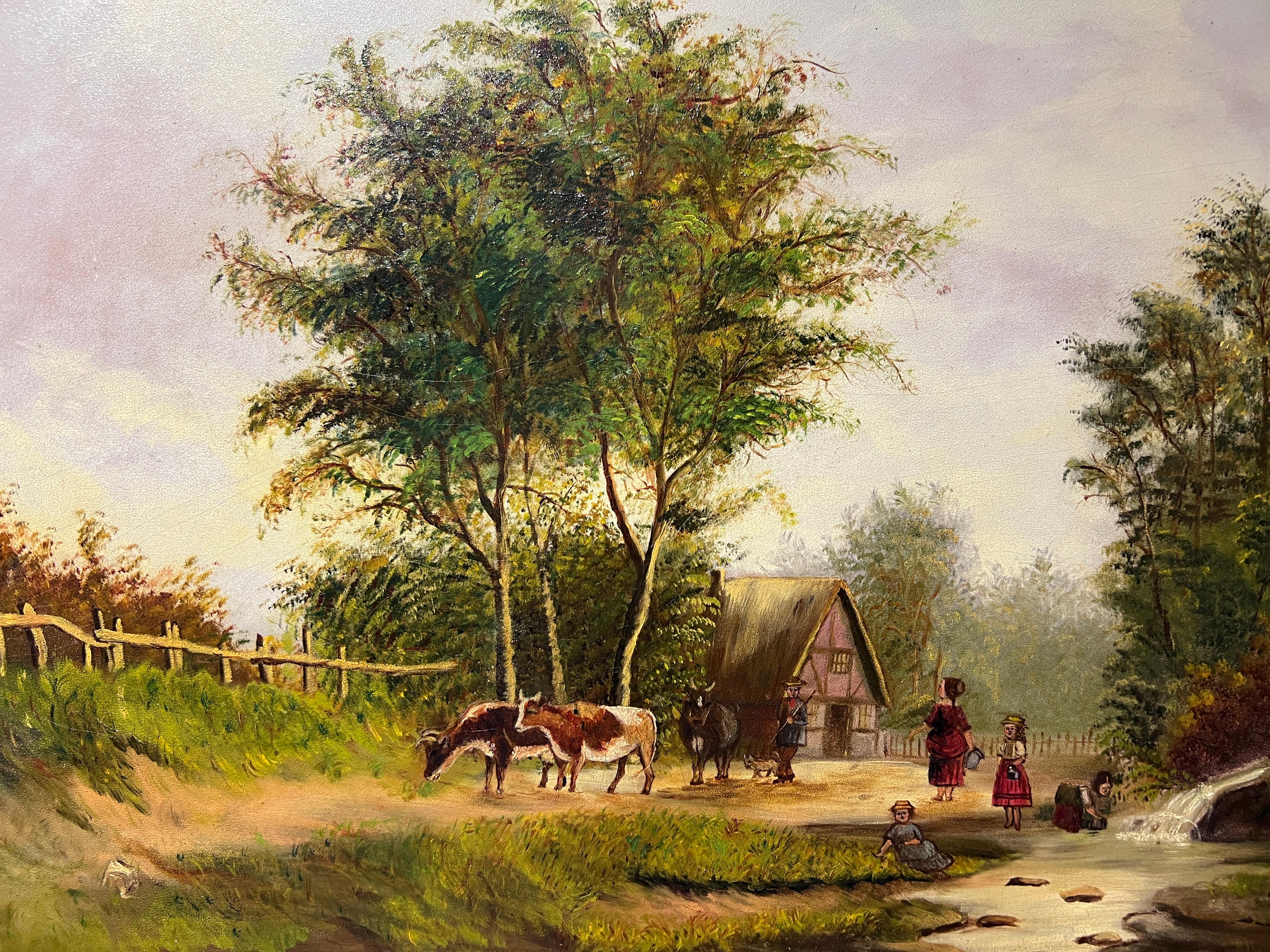 This is an original vintage oil painting on board depicting a country landscape with a cottage, figures on a path with cattle, and children at a brook.

No Visible signature.

Presented in the vintage ornate gold frame. The painting has minor paint