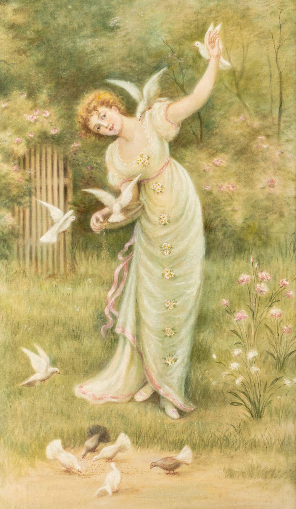 Continental School, Frau mit Tauben – Painting von Unknown