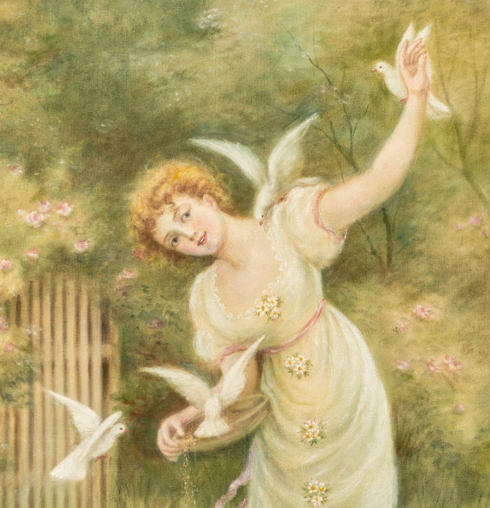 Continental School, Frau mit Tauben (Präraphaelismus), Painting, von Unknown
