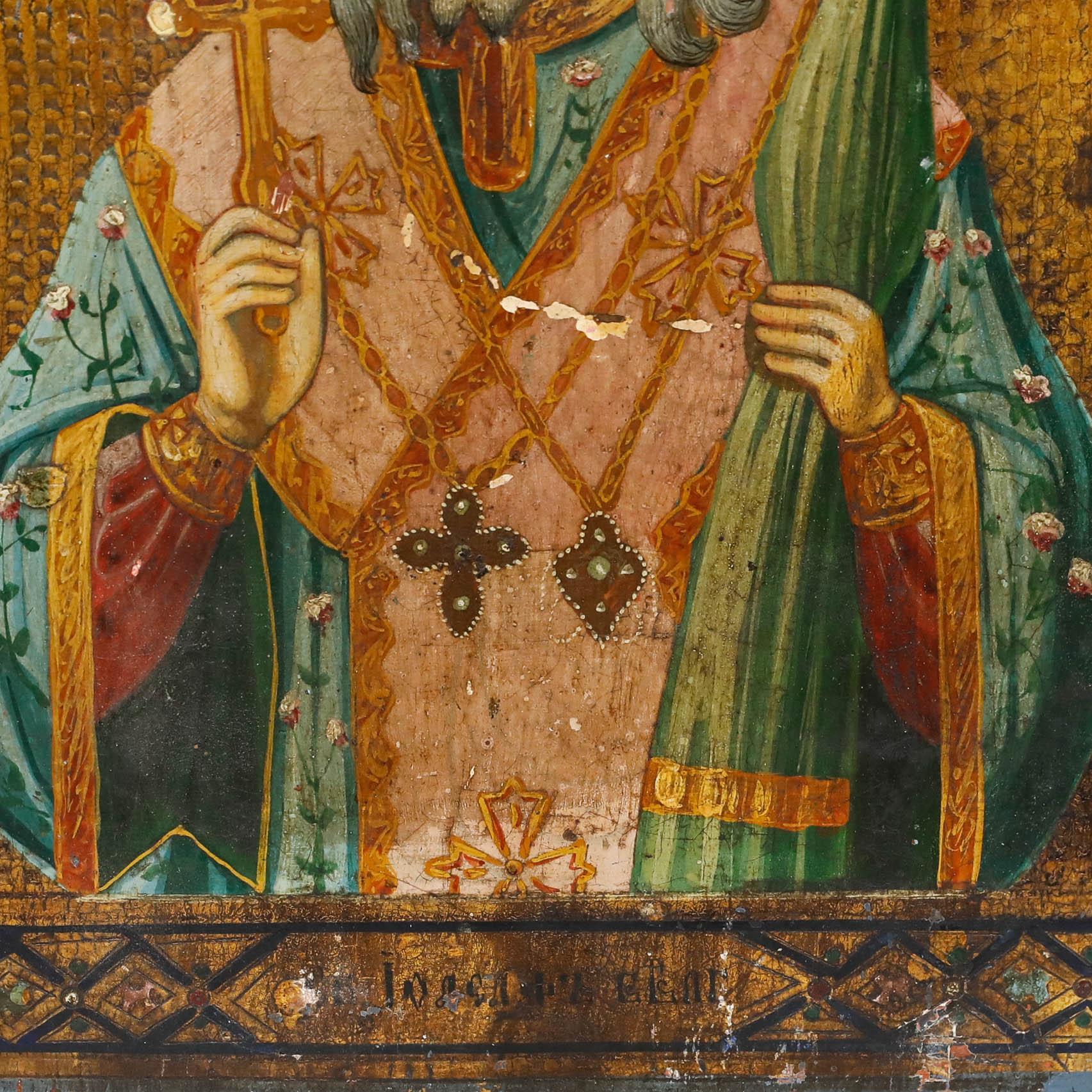 This late 19th century icon depicts Saint Joseph of Belgorod. The work demonstrates classical Byzantine painting techniques characteristic of Orthodox iconographic tradition. Inscribed to the reverse in Cyrillic. On wood panel.