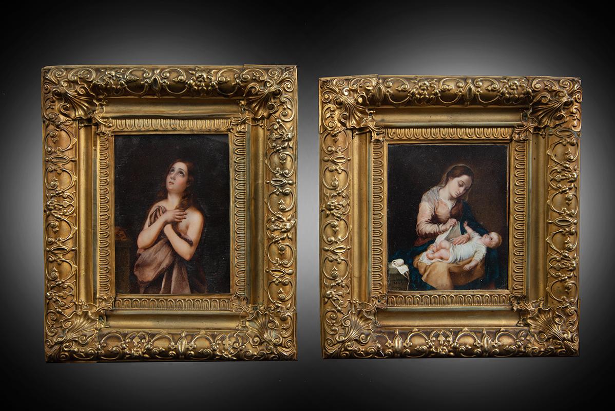 Unknown Portrait Painting - Pair of antique paintings gilded bronze signed "Lieve du Morvain "1847