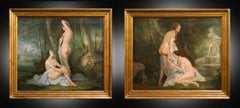 Paire de peintures anciennes à l'huile sur toile représentant des nénuphars.