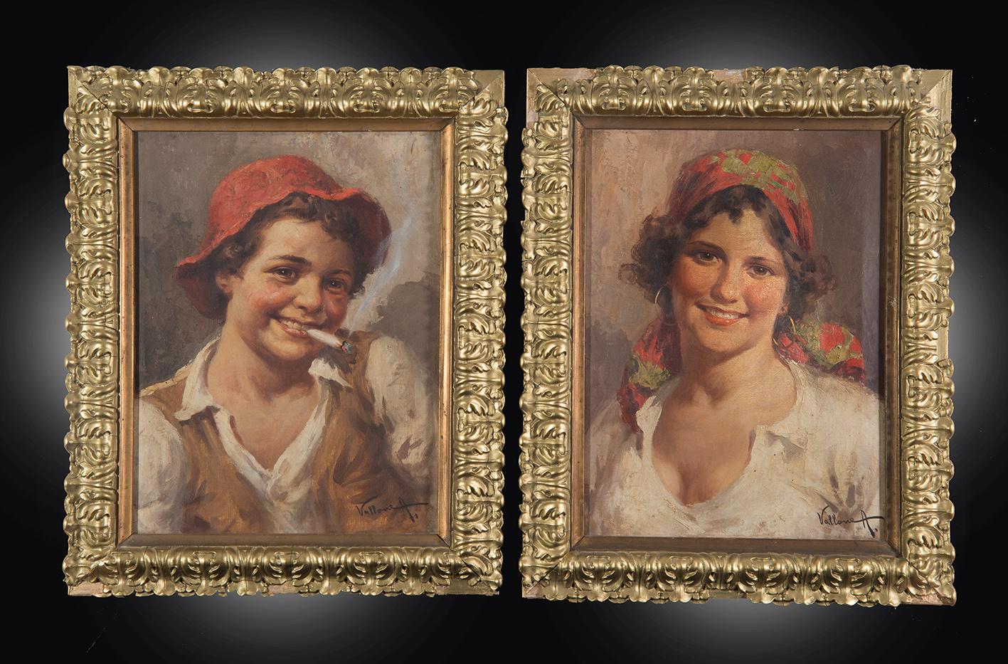 Unknown Figurative Painting - Pair of antique oil on canvas paintings depicting young commoners signed"
