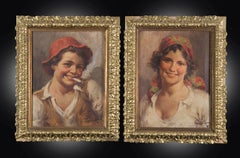 Pair of Vintage oil on canvas paintings depicting young commoners signed"