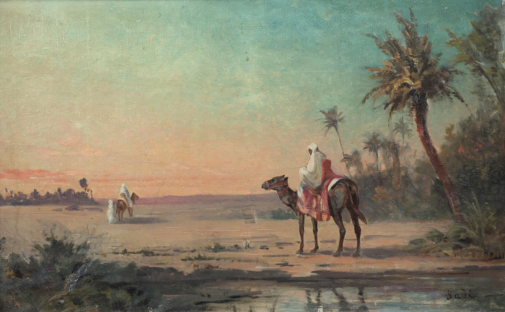 Paire de peintures orientalistes anciennes à l'huile sur toile signées 'Jadi'. - Painting de Unknown