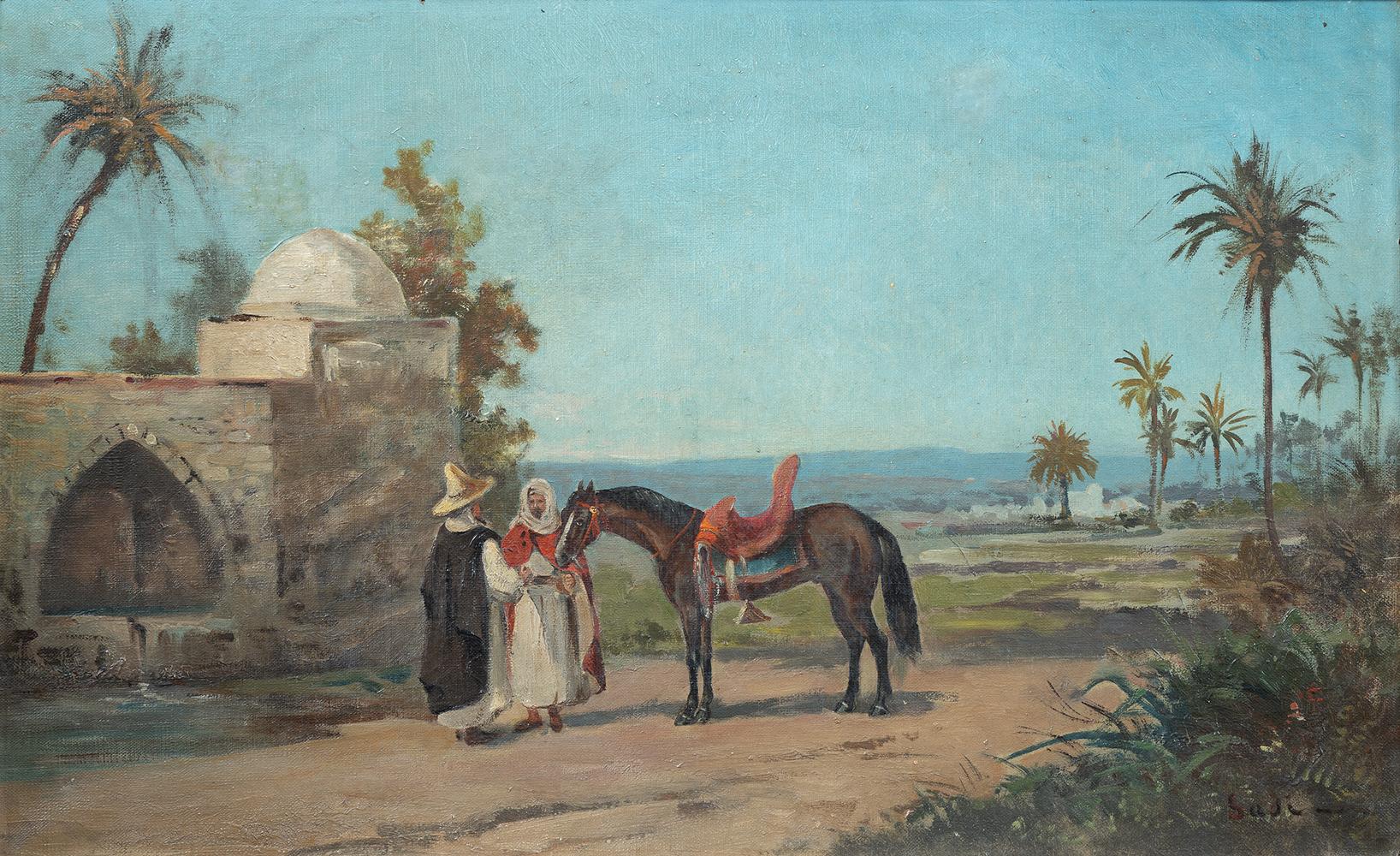 Paire de peintures orientalistes anciennes à l'huile sur toile signées 'Jadi'. - Brown Figurative Painting par Unknown