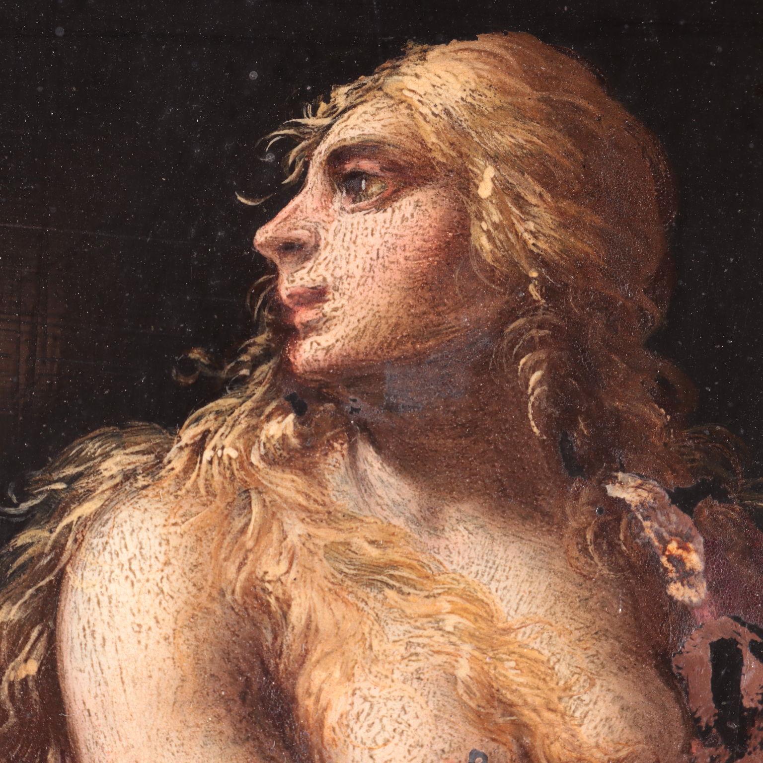 Pareja de pinturas sobre pizarra La Magdalena penitente y San Juan Bautista - Painting Otro estilo de arte de Unknown