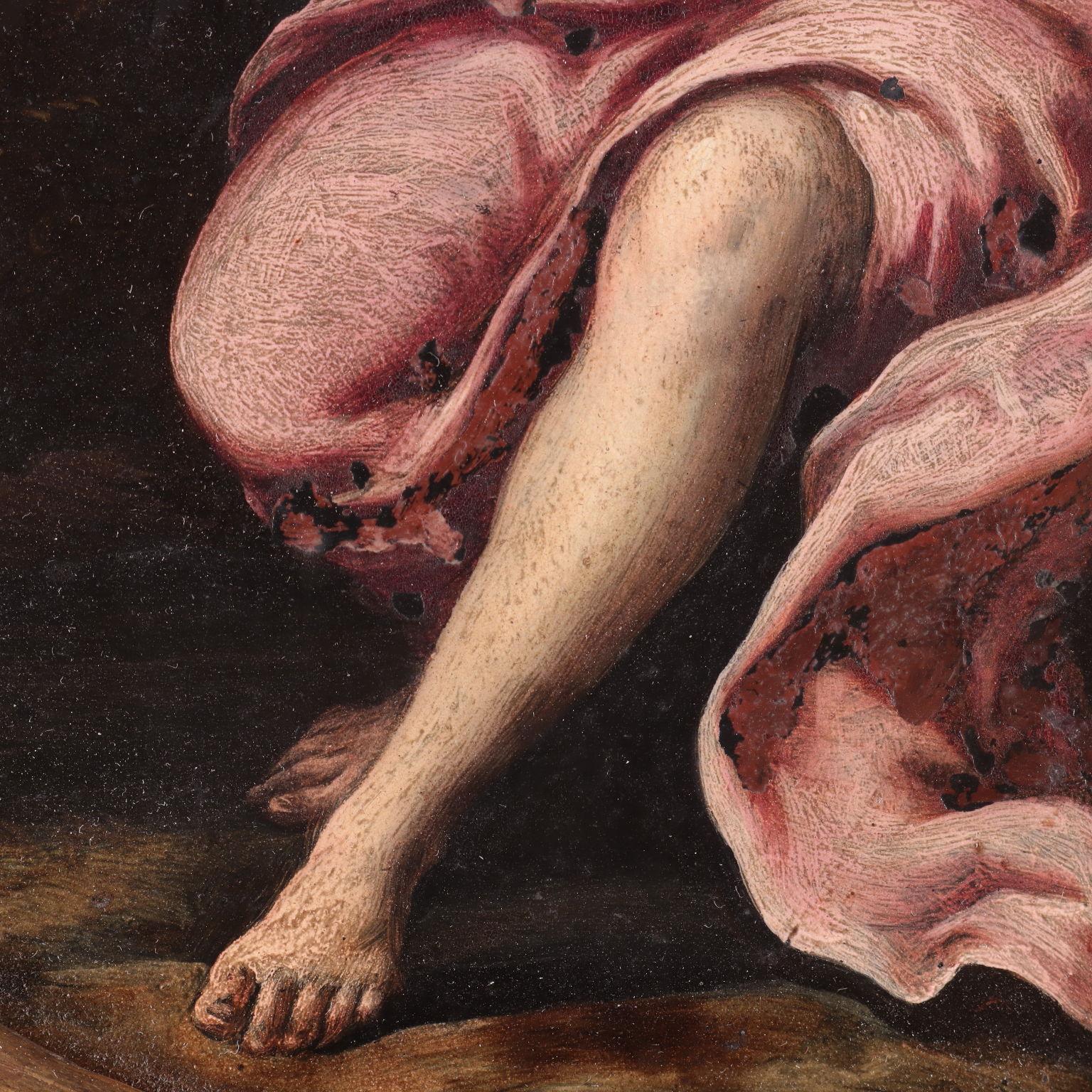 Óleo sobre pizarra.
Se presentan aquí dos ejemplos de pintura al óleo sobre piedra, género pictórico especialmente popular en la República de Venecia a finales de los siglos XVI y XVII, en su forma de pintura al óleo sobre pizarra o piedra de toque.